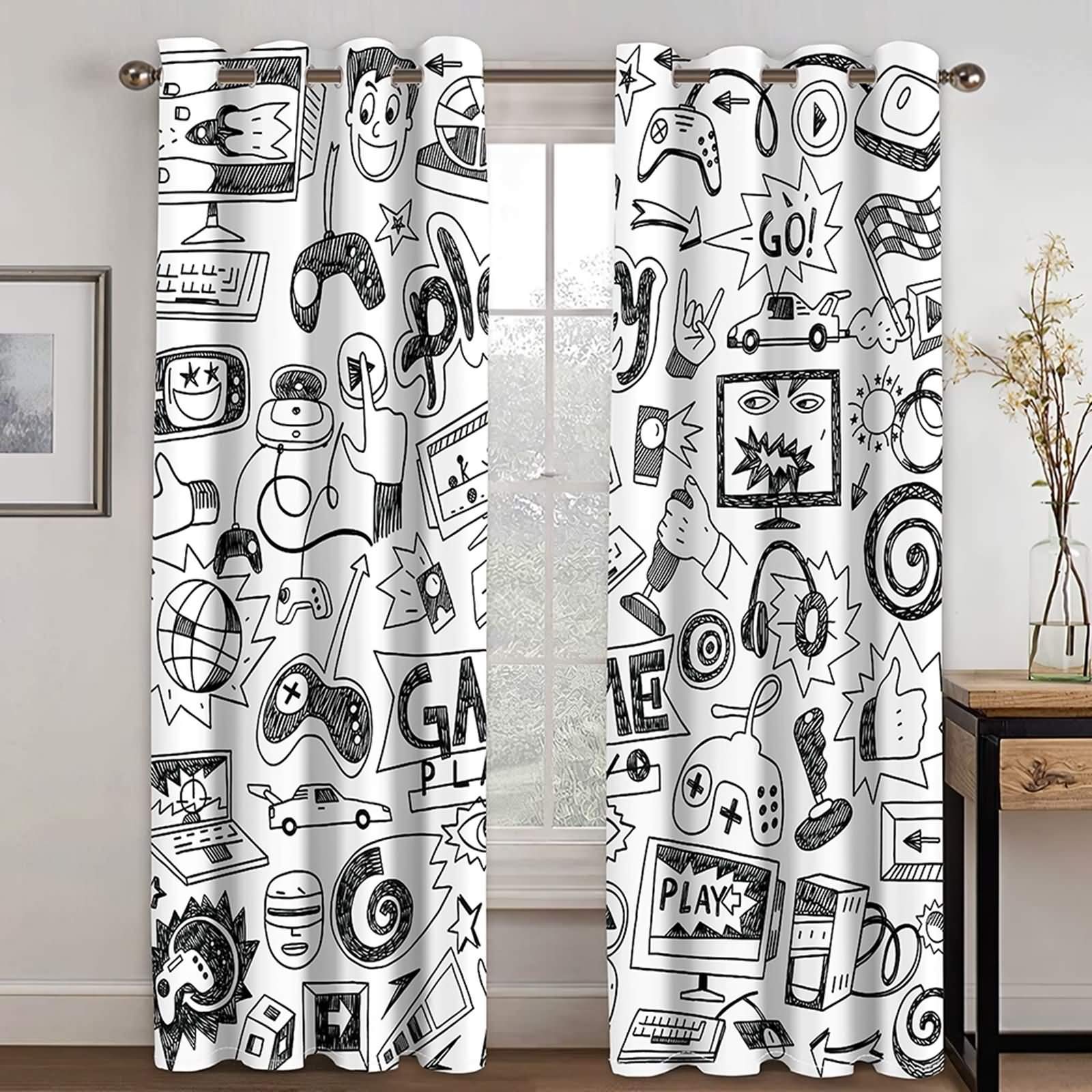ANAZOZ 2 Cortinas Dormitorio Opaca Cortina Poliester Habitacion Play Game Consola de Juego Gris Negro Blanco Cortina de Dormitorio 2 x 107W x 115H CM
