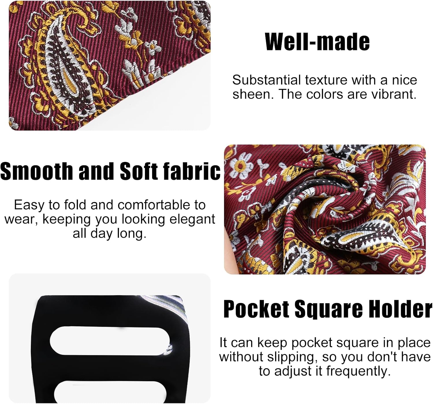 Paisley Pocket Squares for Men, Satin Suit Handkerchiefs with Holder for Wedding Business Prom Accessories