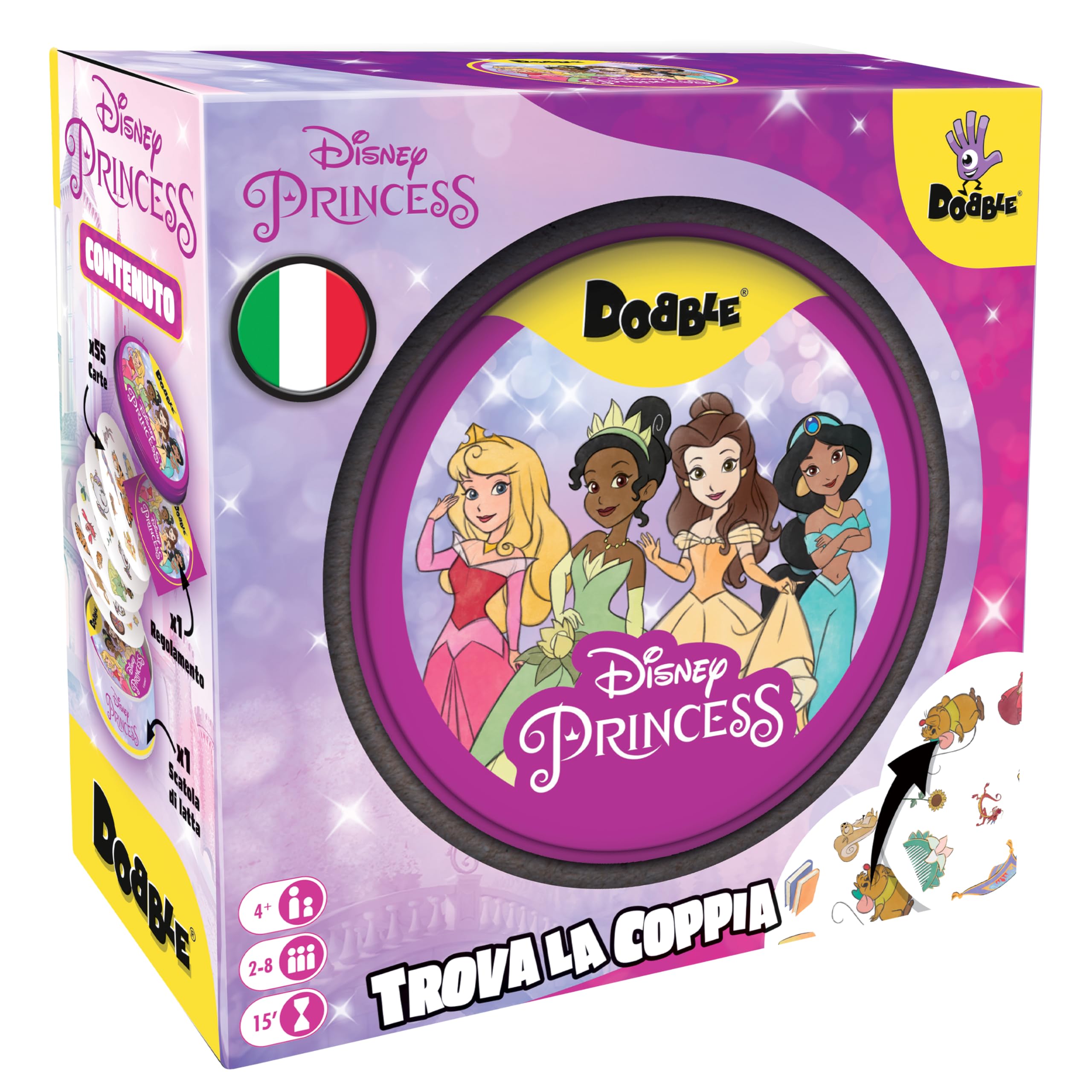 Asmodee – DOBBLE DISNEY PRINCESS – Gioco da Tavolo Rapido e Divertente per Famiglie, Bambini e Amici – Carte da Gioco da Viaggio – Idea Regalo – 2-​8 Giocatori – 6+ Anni – Edizione in Italiano