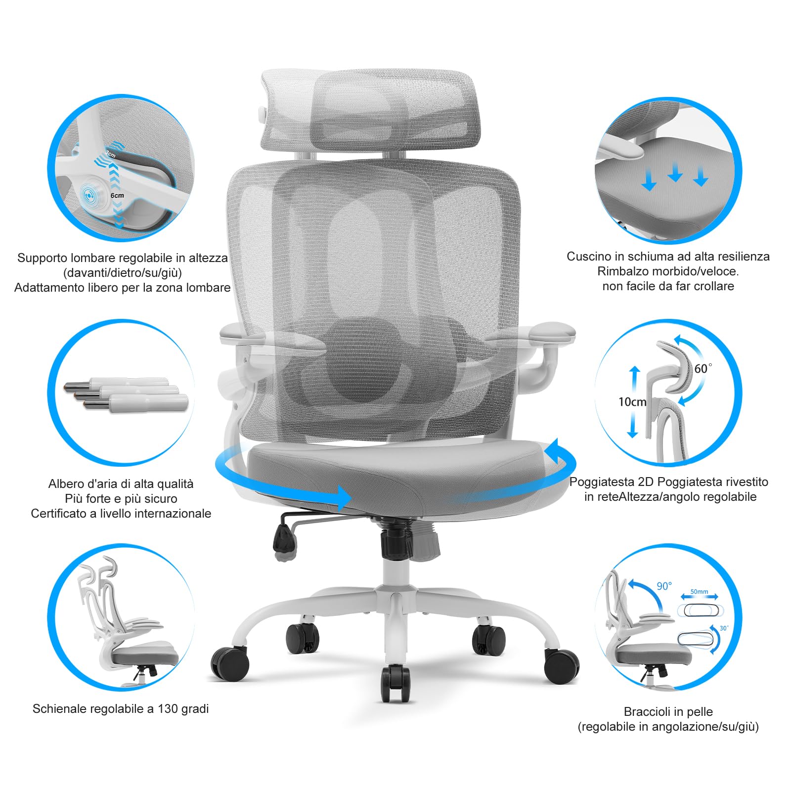 Magic Life Sedia da ufficio ergonomica,Sedia con poggiatesta 2D in rete con schienale alto, supporto lombare confortevole, braccioli regolabili (Bianco)