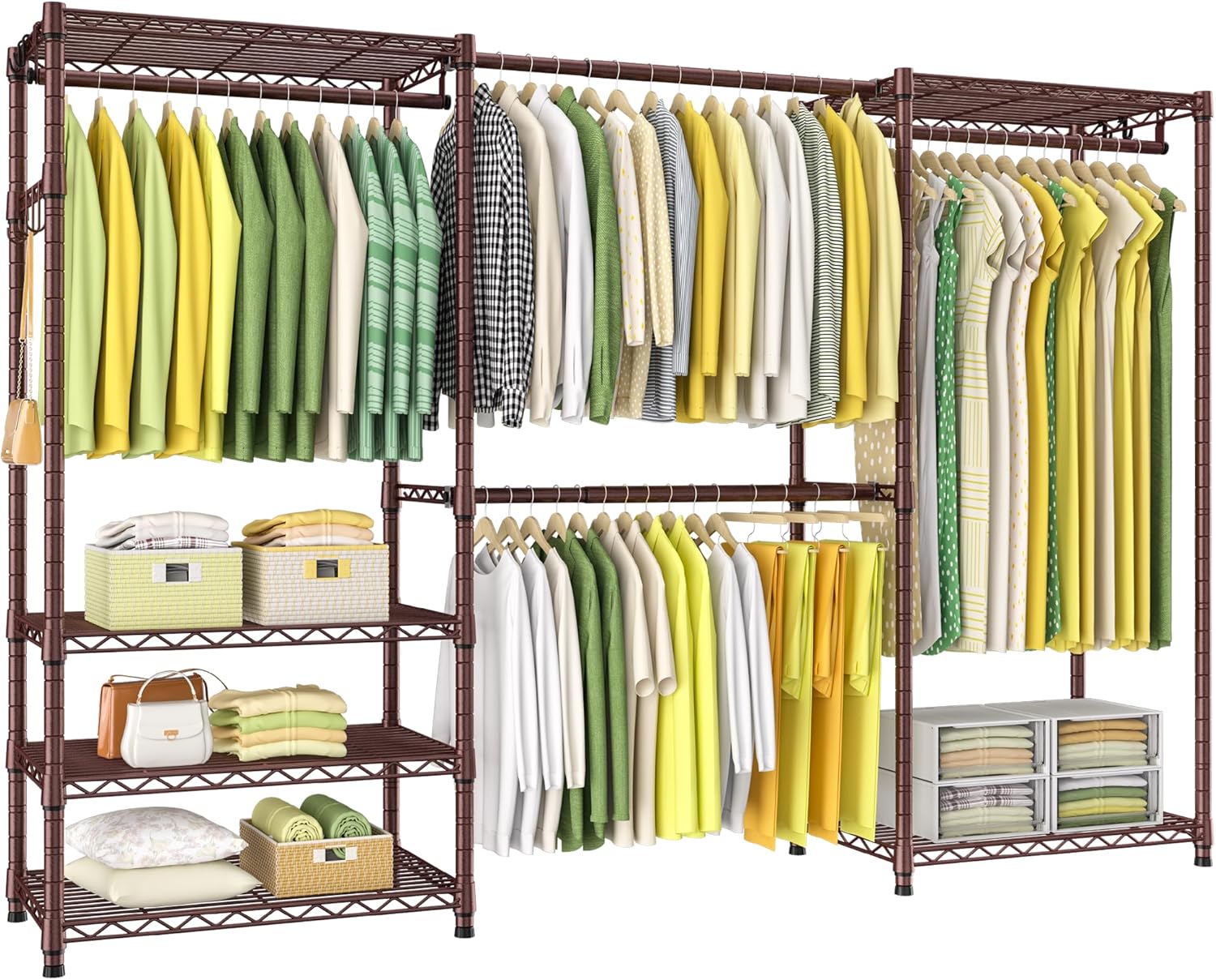 Ulif E1 Heavy Duty Closet Garment Rack, 6 Tiers Adjustable Metal Freestanding Expandable Clothing Storage with 4 Hanger Rods, Easy to Assemble Wardrobe, 71.4" H x (70" - 88.2") L x 14" D, Bronze