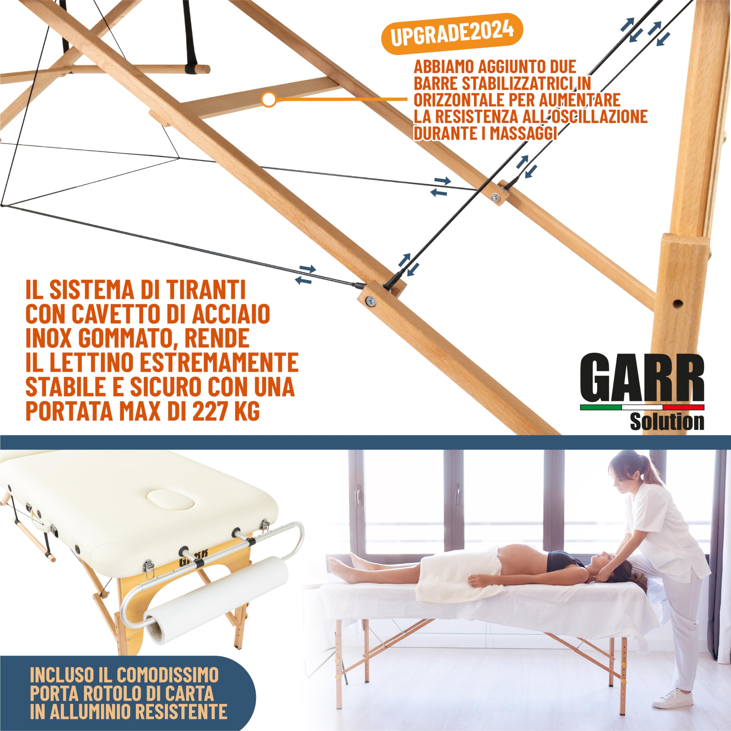 Lettino Massaggio Portatile 3 Zone in Legno, Professionale, Pieghevole e Leggero - 185x70 H62/87cm - con Porta Rotolo e Accessori - Adatto per Estetista, Fisioterapia e Tattoo - Crema