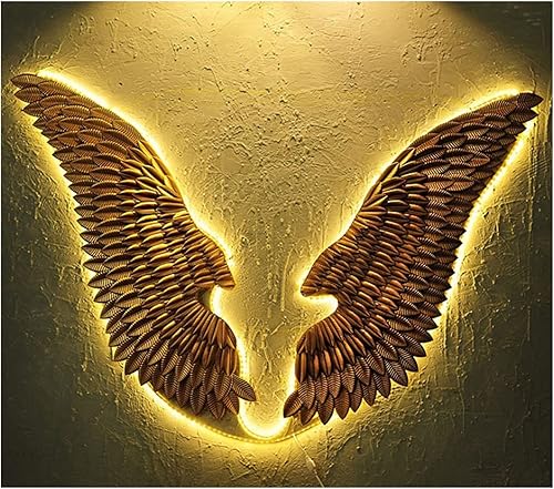 Decoración artística de pared con alas de metal 3D, decoración de pared con luces LED, escultura artística dorada antigua para colgar en la pared