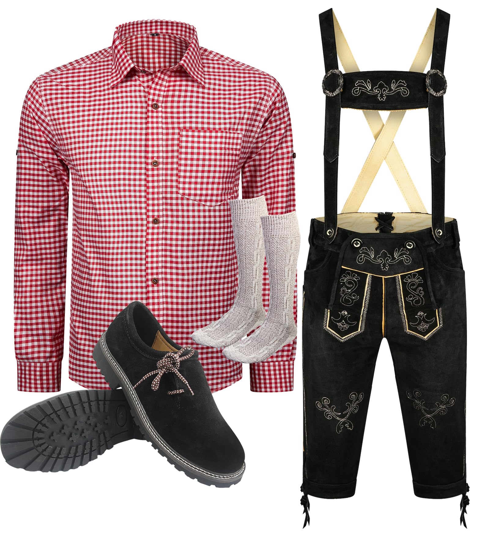 ALL THE GOOD S 1 Trachtenset (Hose +Hemd +Schuhe +Socken) Bayerische Lederhose Trachtenhose Oktoberfest Leder Hose Trachten