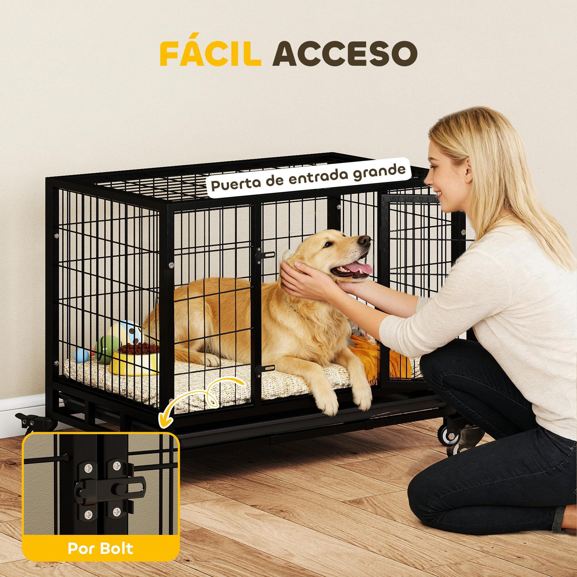 PawHut Jaula de Metal para Perros con Ruedas y Frenos Bandeja Extraíble y Puerta con Pestillo para Golden Retriver Labrador 92x62x75 cm Negro