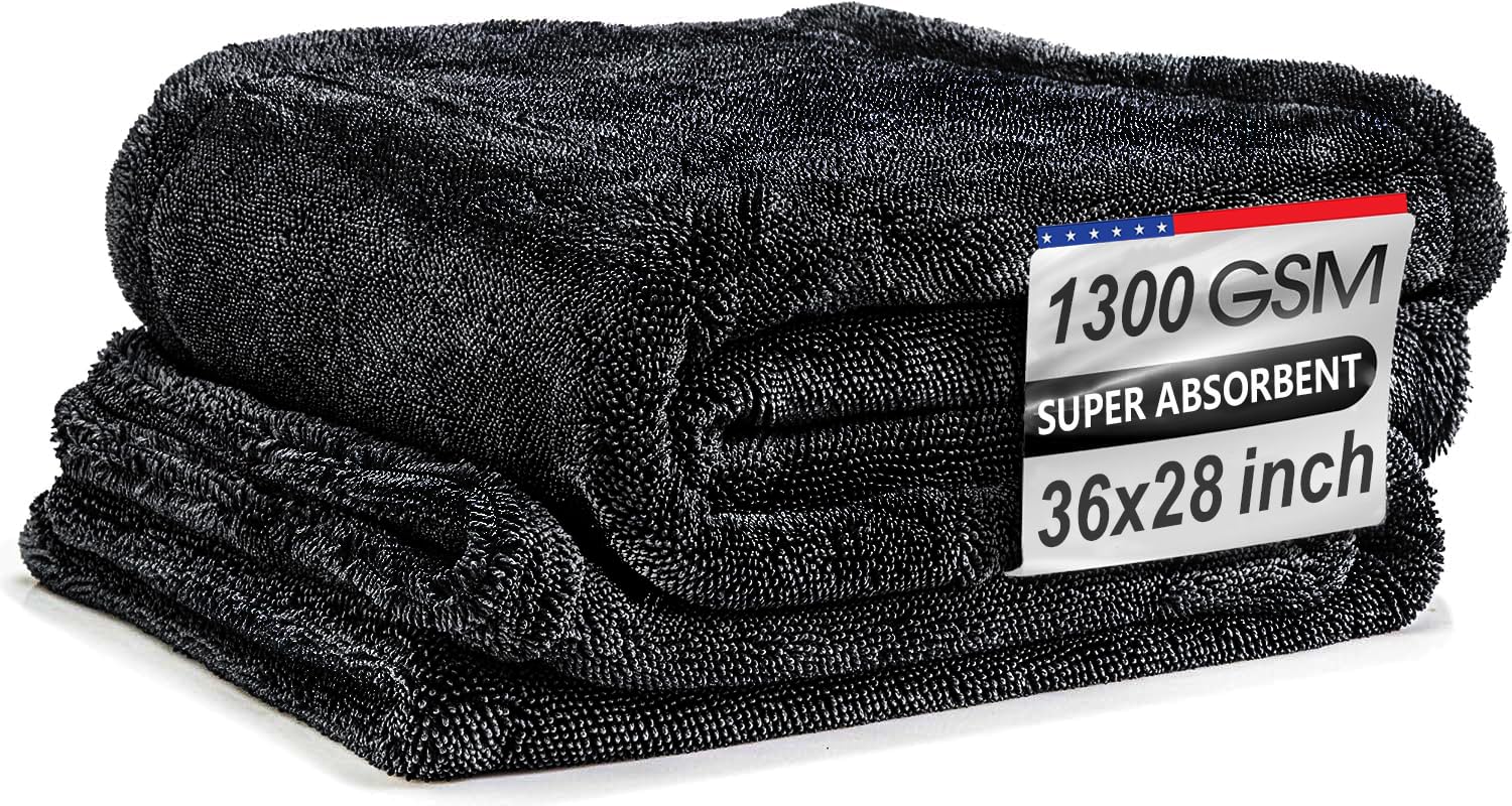 Premium Car Drying Towel, 36x28 inch XL Microfiber Towel, 1300 GSM Microfiber Cleaning Cloth, Super Absorbent, Leaves No Streaks, Scratches, or Water Spots, Dries an Entire Vehicle, Black