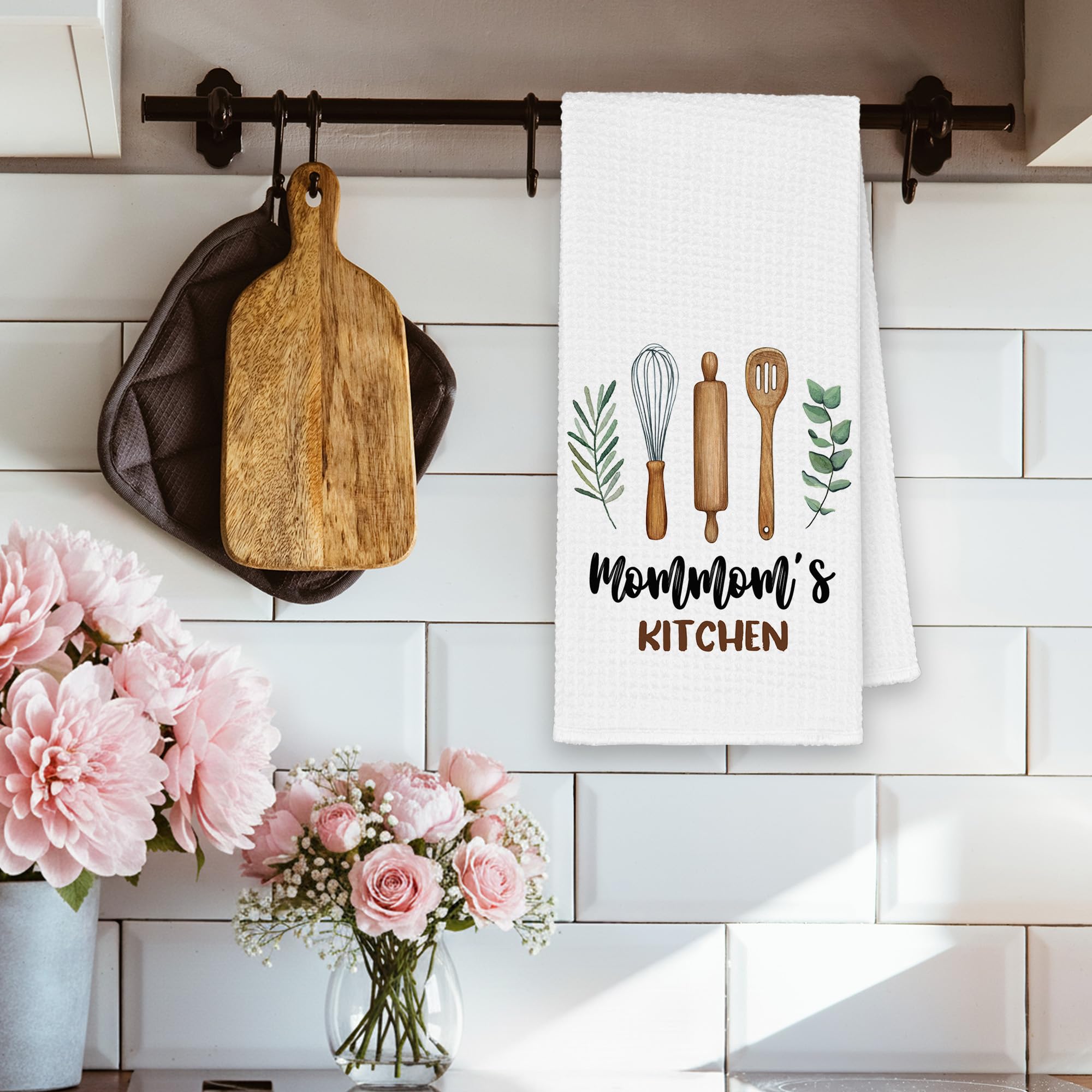 Mommom's Kitchen Towels Gifts, Grandma Mom Christmas Bathroom Hand Towels Gifts for Mommom Birthday Mother's Day, Rustic Eucalyptus Leaf Tea Dish Towel Decor 16x24in