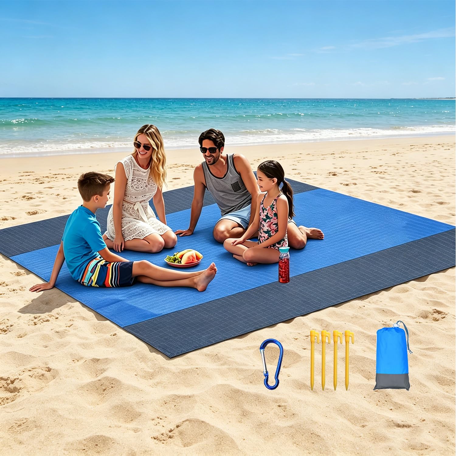 Kazoeju Blue Beach Mat Picnic Blanket Waterproof Sandproof Extra Large Beach Blanket 210X200cm Picnic Blanket Portable Beach Mat With 4 Fixed Nails For 4-7 Adults Beach Camping Hiking Travel Compact Lightweight