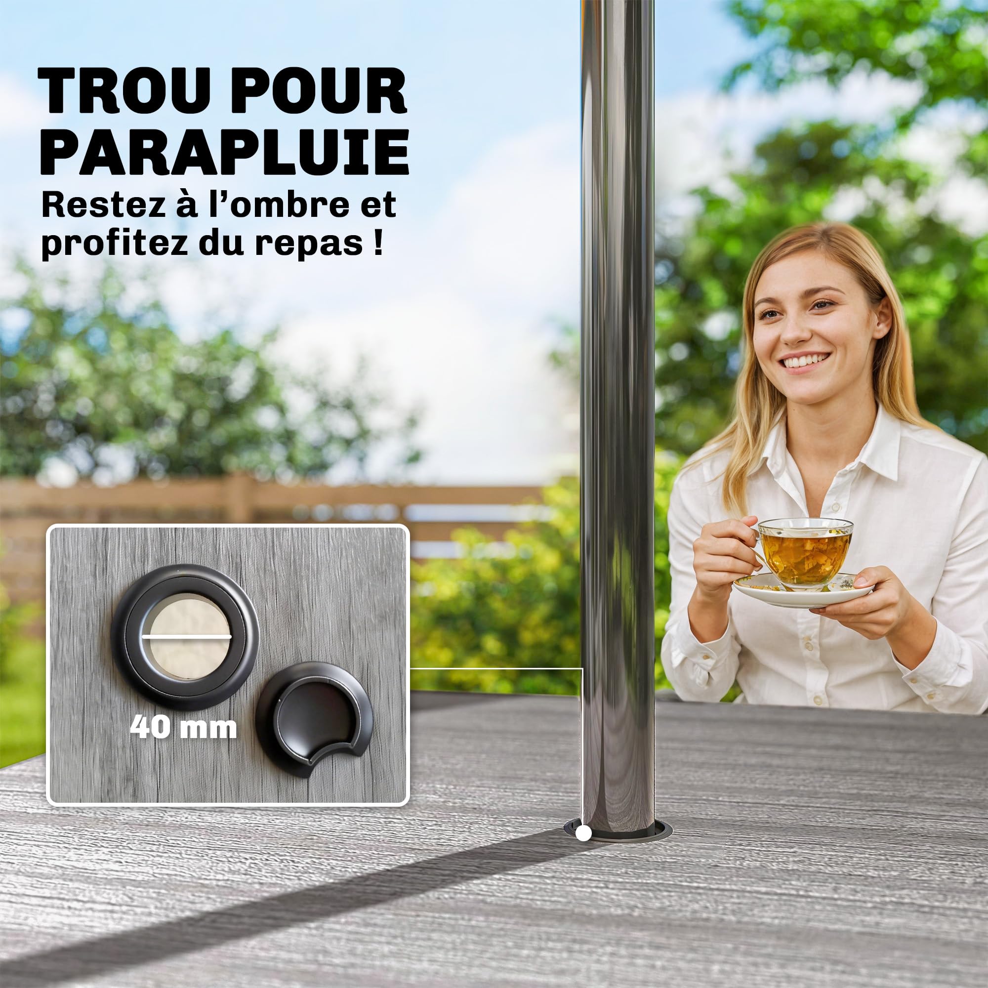 Outsunny Table de Jardin rectangulaire pour 4 Personnes, Table à Manger extérieure avec Trou de Parasol et Pieds en métal, pour Balcon, Porche, terrasse, 85 x 85 x 72,5 cm, Gris