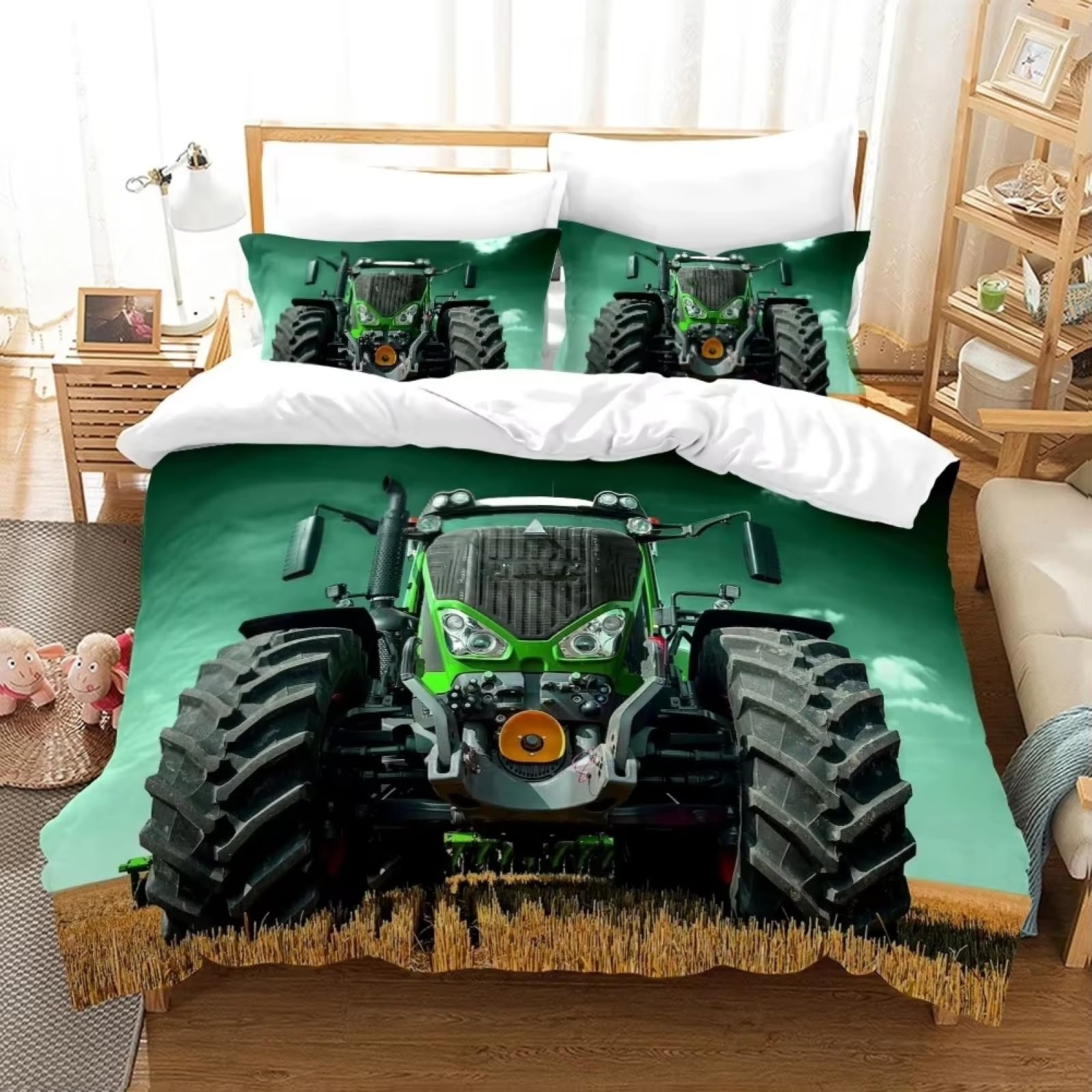 Bettwäsche 155x220 GrüNer Traktor Bettwäsche-Set mit Reißverschluss Schließung und 2 Kopfkissenbezug 80x80 cm - Weicher Atmungsaktive Mikrofaser Bettbezug für Kinder Mädchen
