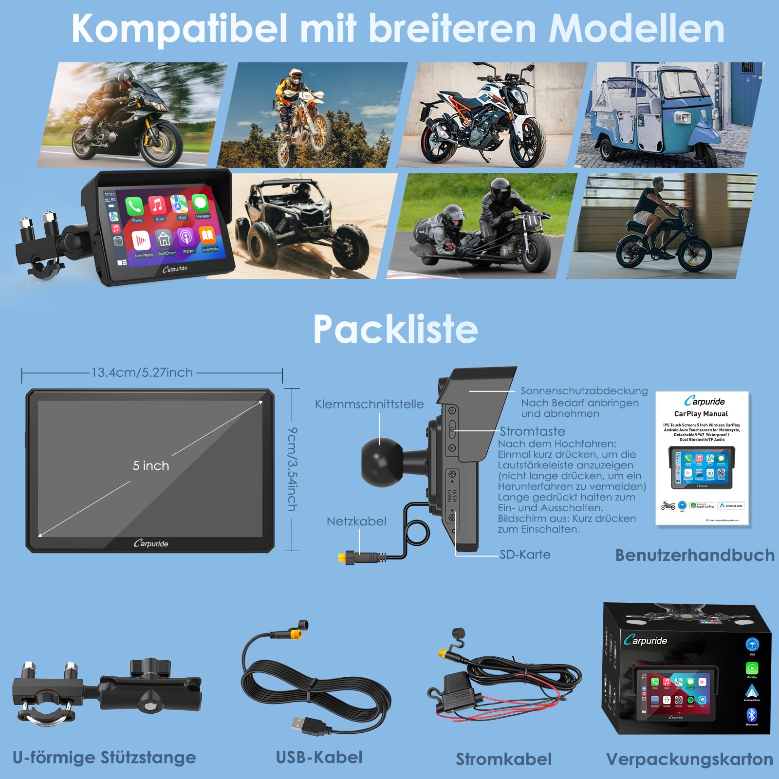 Carpuride W502 Motorrad-Carplay und Android Auto, IP67 Wasserdichtes Tragbares Autoradio, 5-Zoll-IPS-Touchscreen, Navigation/Siri für Motorräder