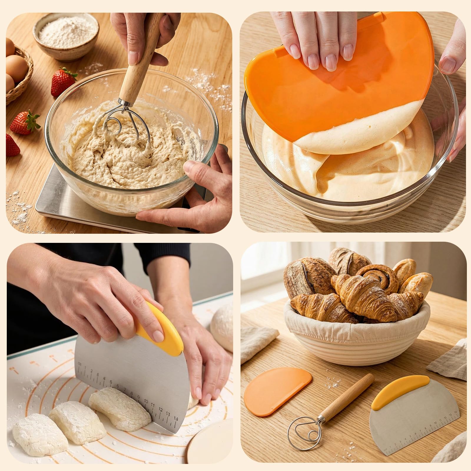 Banneton Pour Pain, Kit Boulangerie Levain, Corbeille a Pain en Rotin Naturel, Kit boulangerie avec Lame Boulanger, Panier Fermentation Pain set Adapté aux DéButants et Professionnels