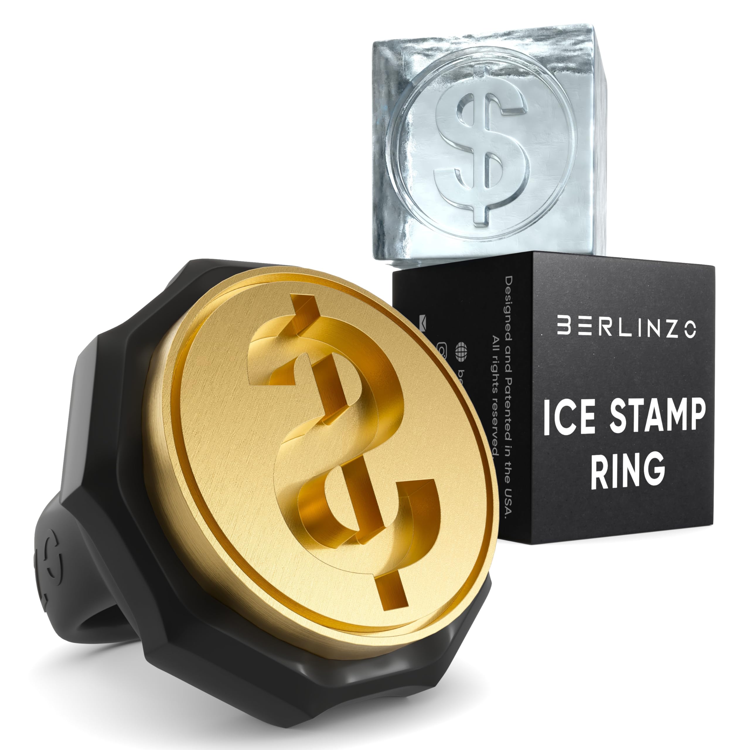 Berlinzo Ice Stamp Ring for Cube & Sphere - Custom Ice Cubes for Whiskey, Mojito Cocktails – $ shaped Brass Ice Stamp $/ 3mm Depth - Black