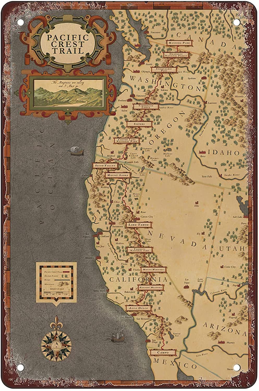 Yepyayqvk Pacific Crest Trail Map Vintage Maps Poster Old Maps For Living Room Bedroom Office Wall Decoration 8x12 Inch