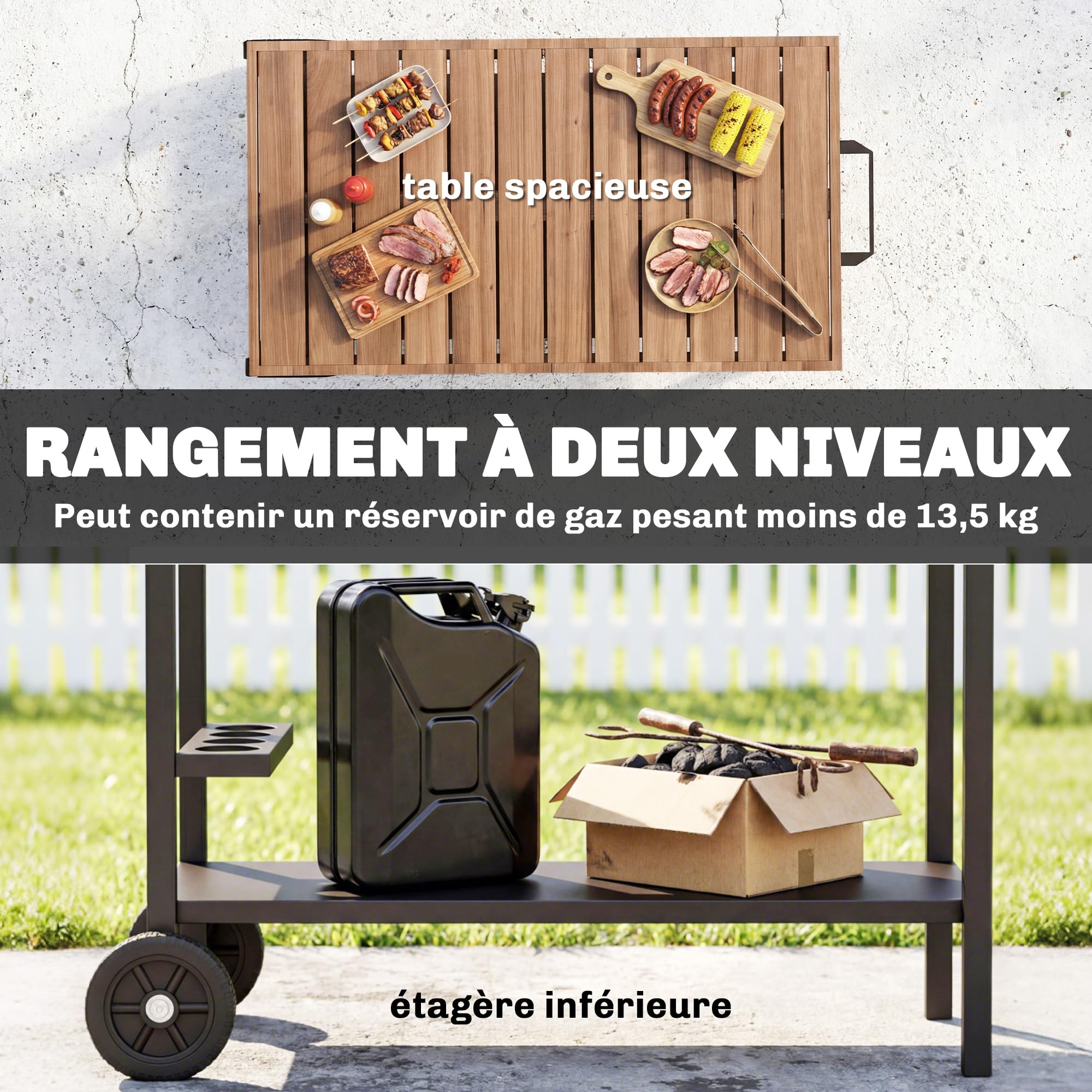 Outsunny Desserte jardin chariot barbecue 2 niveaux plateau métal aspect bois porte-boissons crochets 97x51x83 cm noir marron
