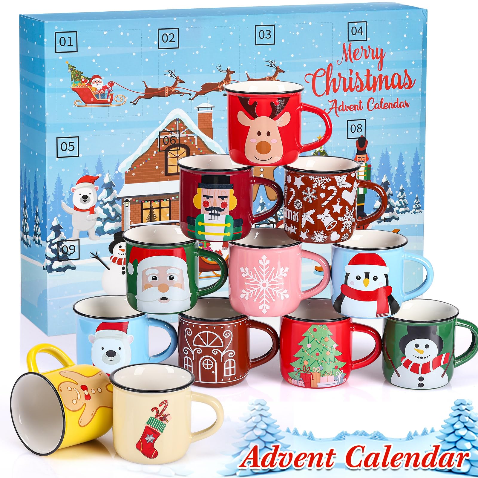 12 Days Advent Calendar Christmas Mini Coffee Mugs Set of 12, Holiday Christmas Ceramic Mugs Gifts for Mom Woman Family Kitchen Coffee Bar Decorations