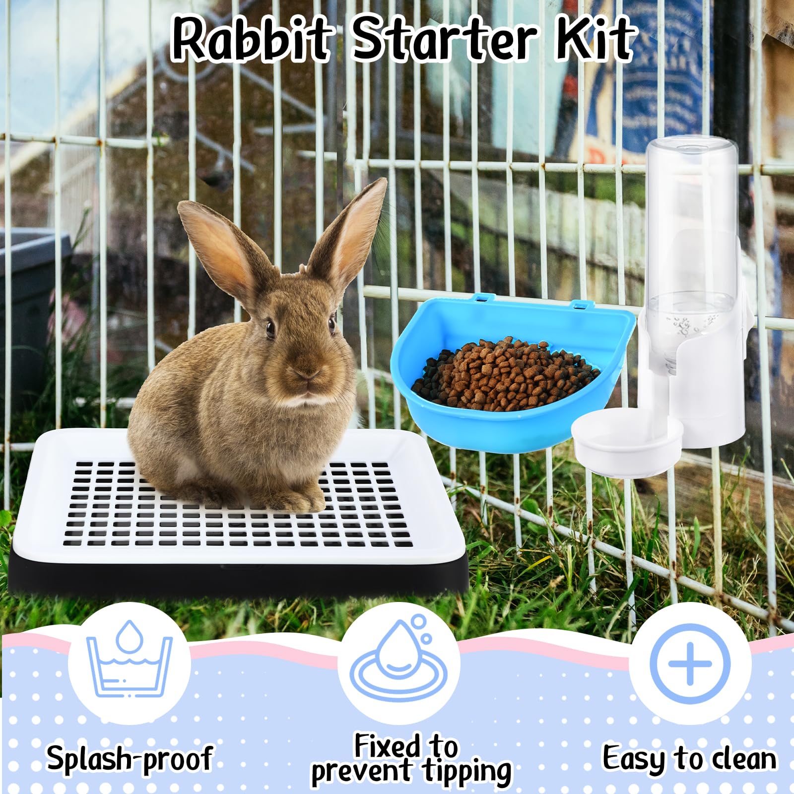 19 Pcs Rabbit Starter Kit Small Bunny Litter Box Rabbit Grooming Kit Water Bottle Bunny Toys Hay Feeder Bowl Blankets with Cleaning Set for Guinea Pig Accessories(Black,Cloud) - image 4