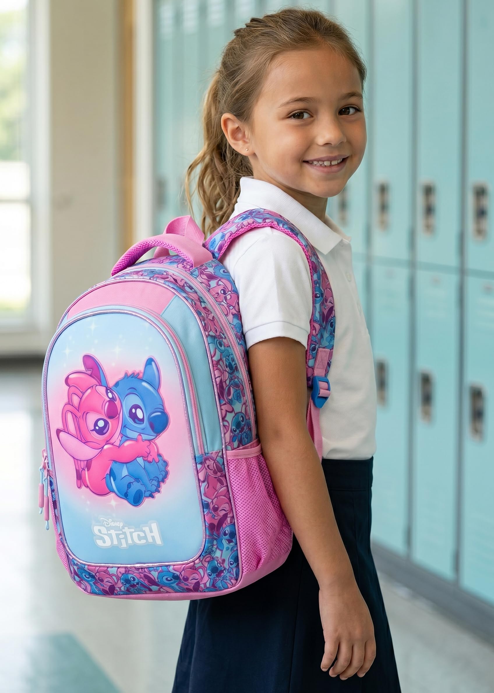 Sac à Dos Scolaire Fille pour Fans de Stitch 43x33x20 cm - Cartable École Primaire CP CE1 CE2 CM1 CM2 (6-10 Ans) - Ergonomique, Adaptable Trolley, Fond Renforcé