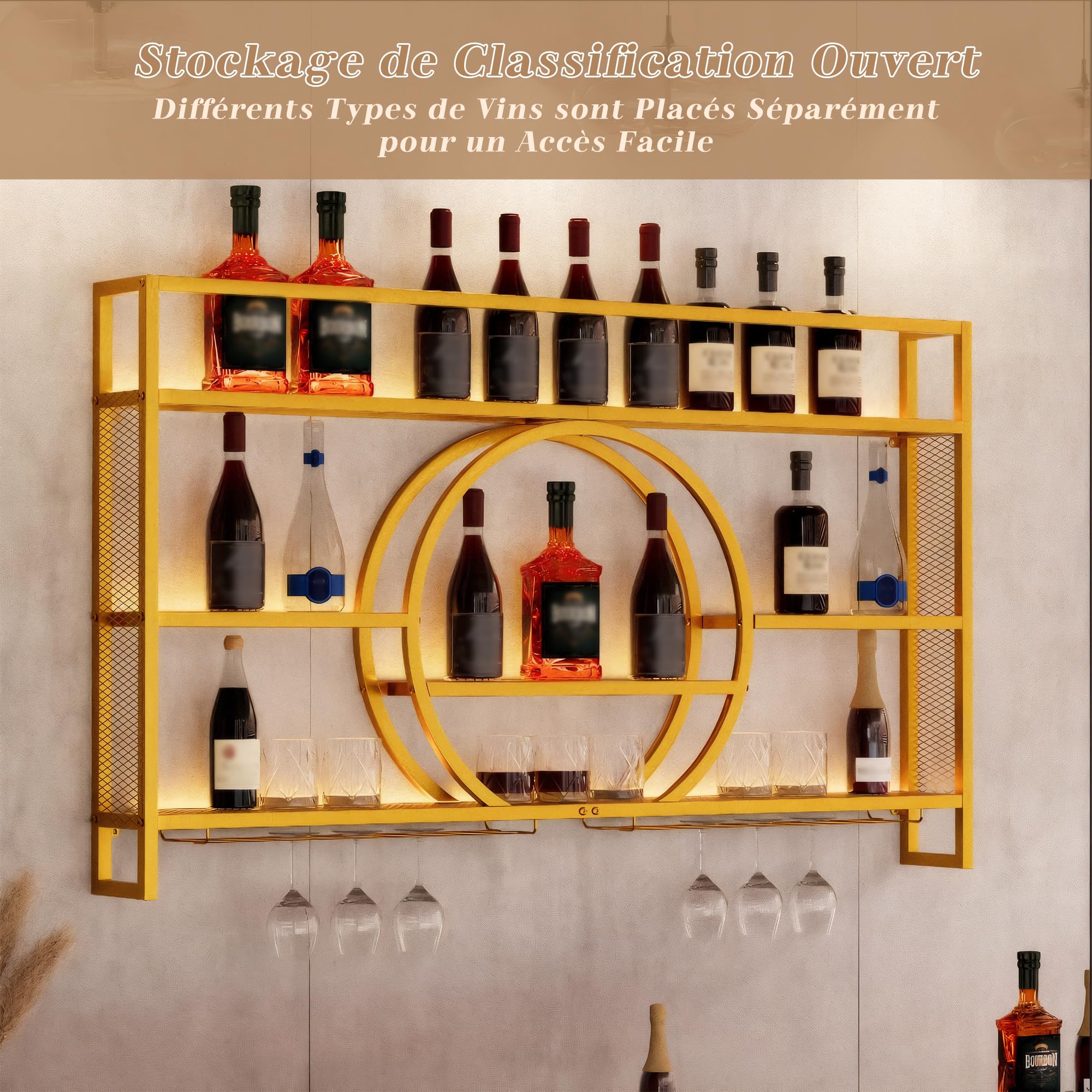 UEV Porte-Verre à Vin en Métal 140cm, Porte Bouteille Mural Industriel, Casier à Vin, avec Lumière LED de 15 Couleurs, Range Bouteille Vin, pour Salle à Manger, Cuisine, Bar (Or, 140x15x80cm)