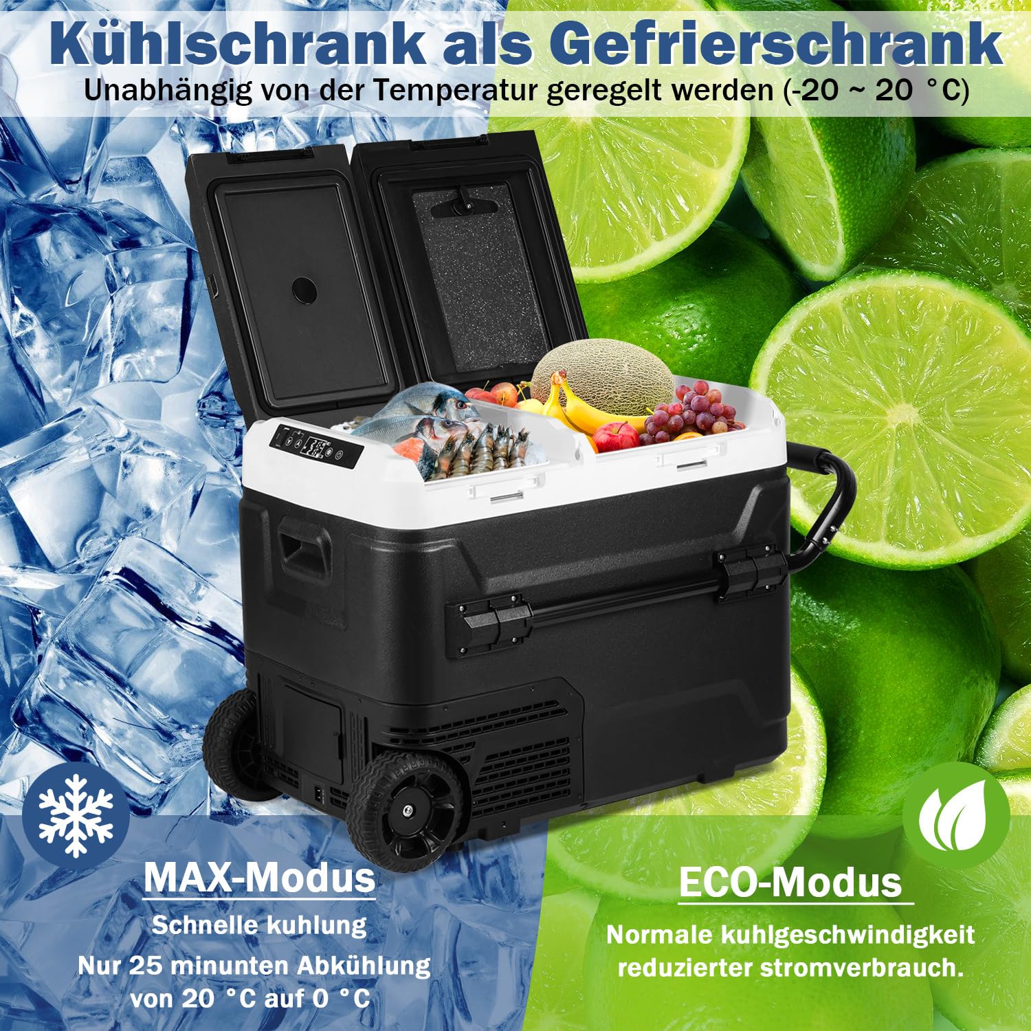 Herrselsam Kompresorowa lodówka turystyczna 50 l, lodówka samochodowa ze sterowaniem za pomocą aplikacji, 12/24 V i 100-240 V elektryczna, chłodzenie do -20 °C, do samochodu, ciężarówki, na kemping