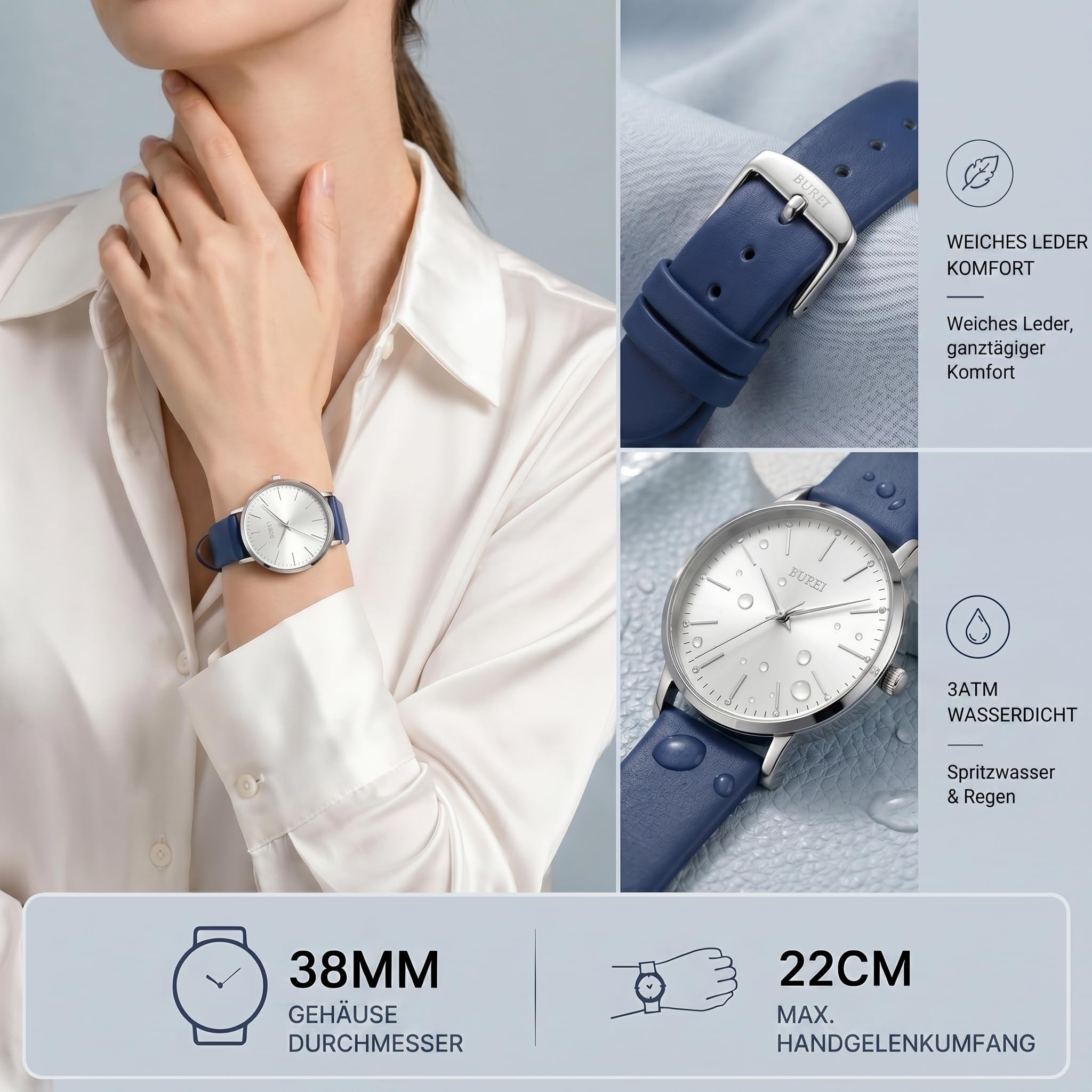 BUREI Frauen Uhren Mode Minimalistisch Analog Leder Quarz Wasserdicht Uhren für Frauen