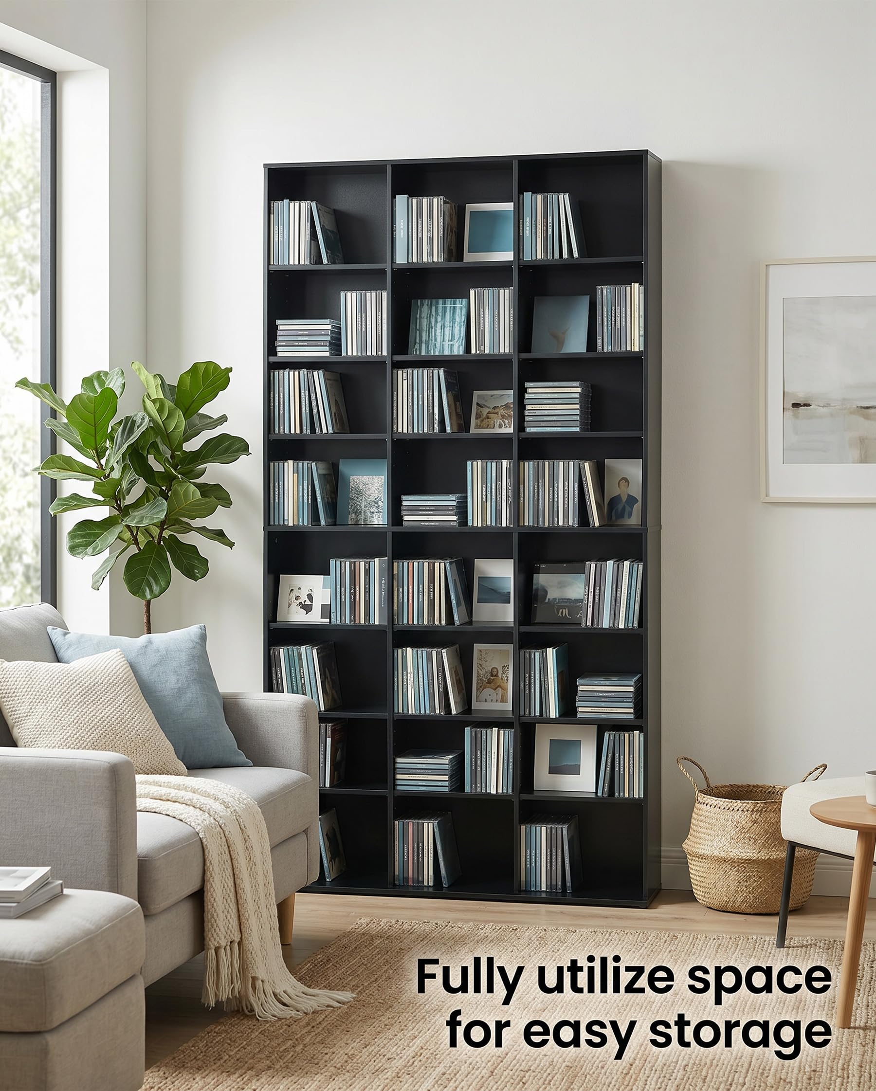Bibliothèque étagère CD avec 22 compartiments – rangement DVD, étagères réglables, anti-basculement, MDF noir – pour CD, DVD, livres – meuble de rangement