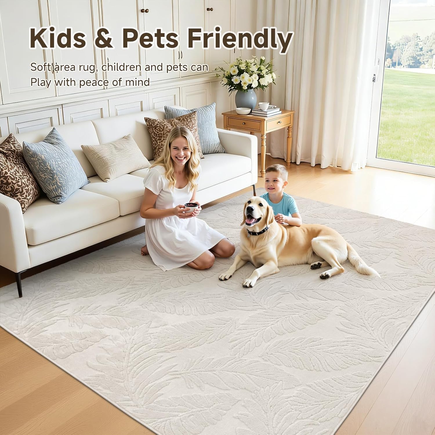 Pauwer Area Rugs for Living Room 8x10, Machine Washable Non Slip Neutral Boho Modern Rug, Soft Fluffy Carpet for Bedroom Dining Room Nursery Office Indoor Farmhouse, Beige