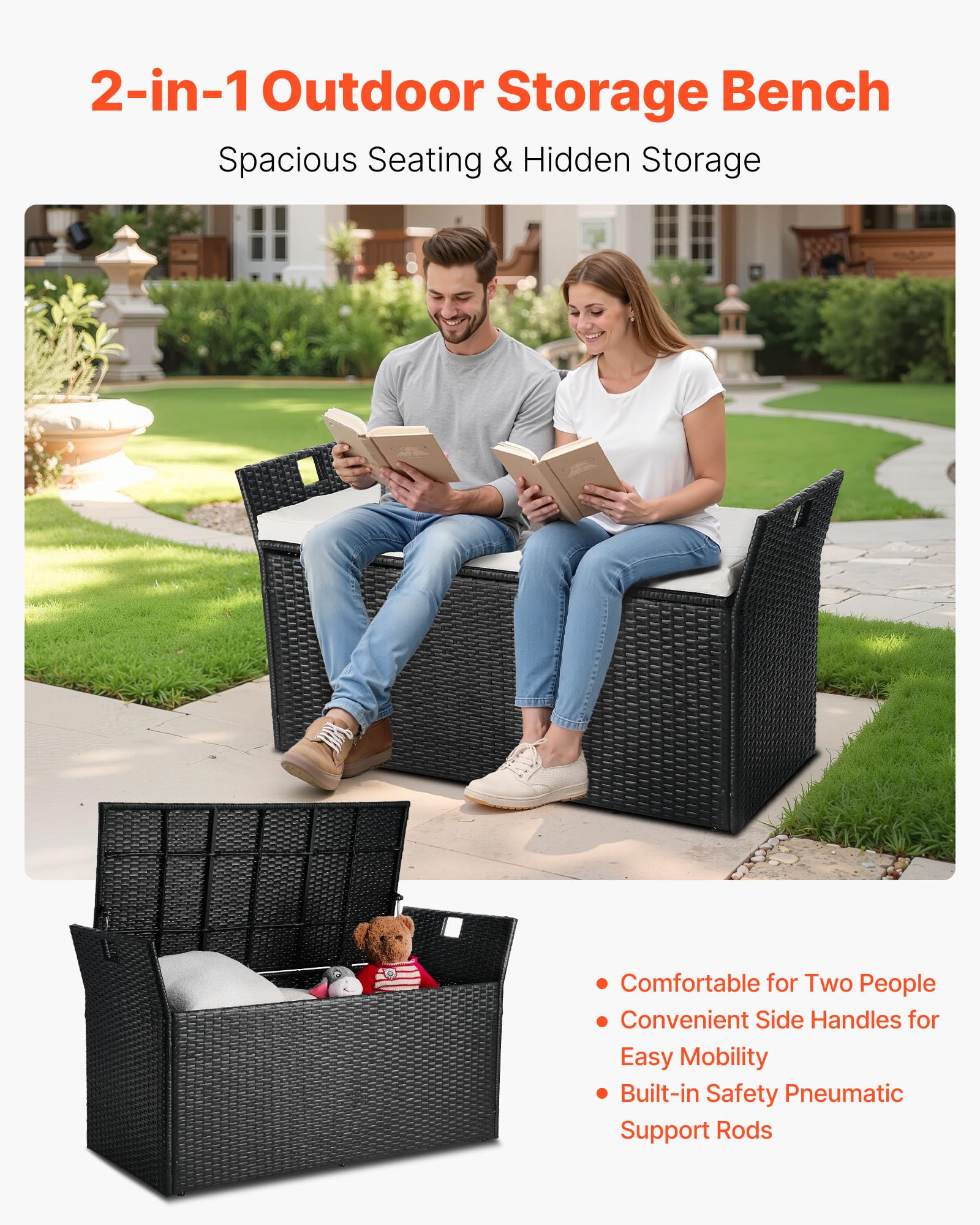VEVOR Panca Portaoggetti da Esterno Nero, Panca Portaoggetti in Rattan PE per 2 Persone, Contenitore con Cuscino Maniglia Laterale, Supporta max. 362 kg, Seduta da Giardino Decorazione per Balcone