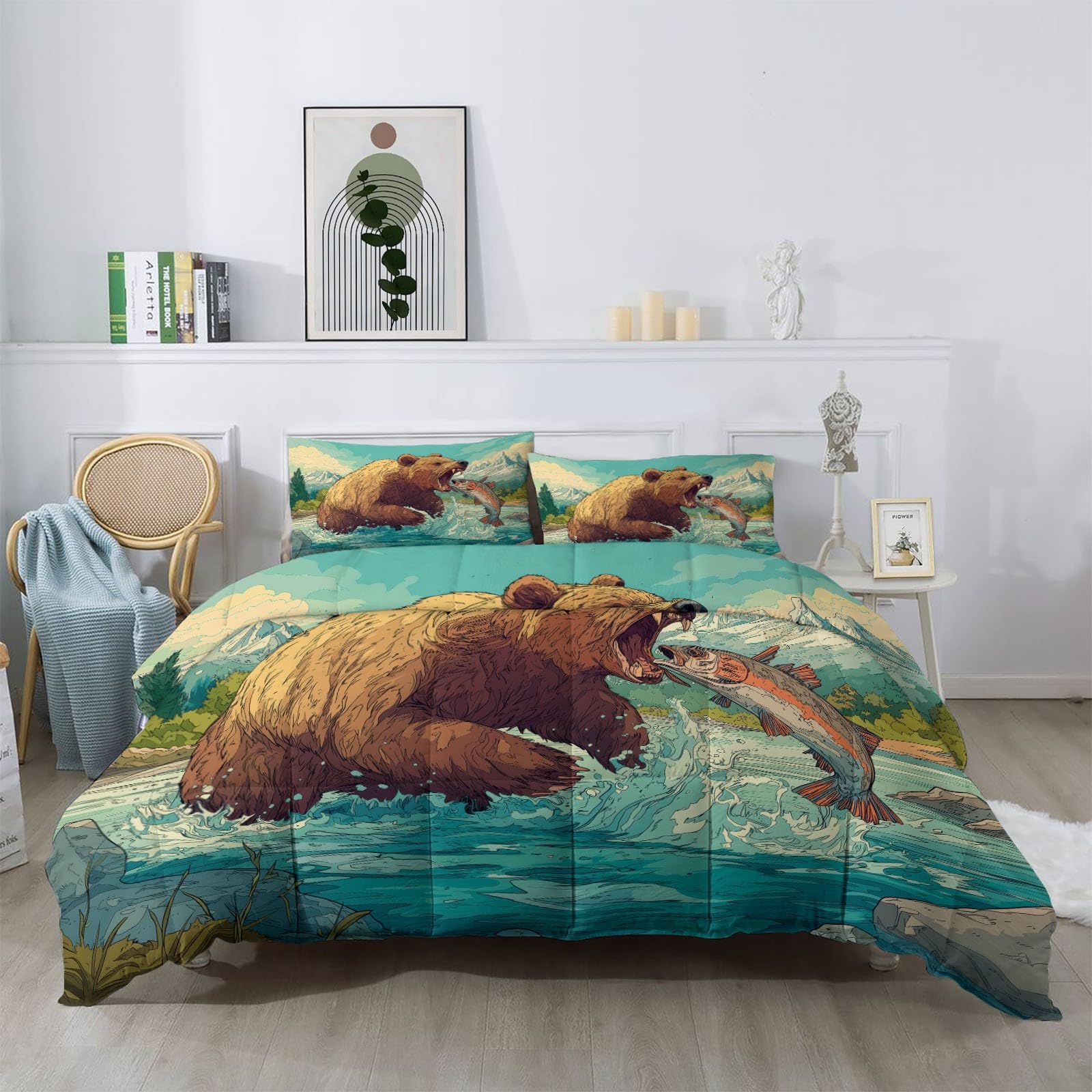Trapunta 140 x 200 cm, con stampa di cartoni animati animali della giungla orso marrone reversibile, Edredon Piumino con 2 federe, per estate inverno adulto tutte le stagioni, marrone