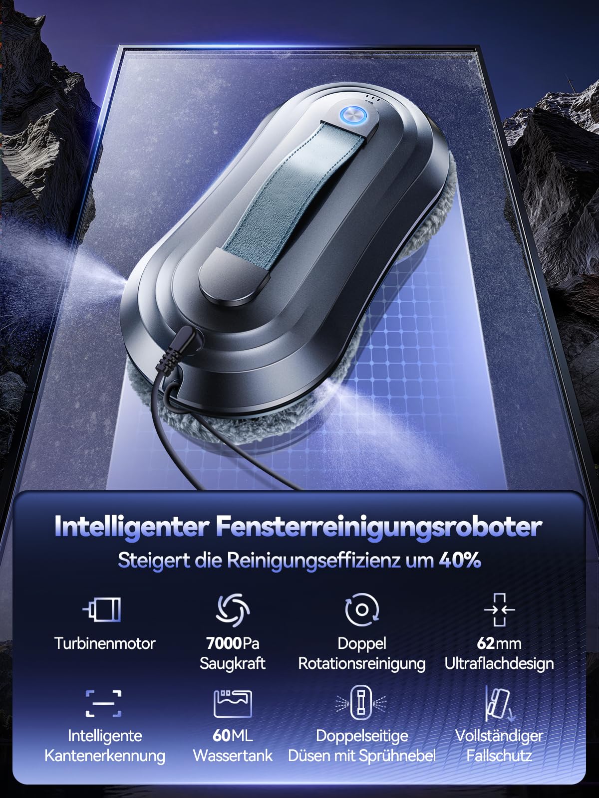 Fensterputzroboter mit Sprühfunktion, Turbo Boost Saugkraft 7000Pa, Leiser Betrieb, 3 Reinigungsmodi, Intelligente Wegplanung, Randerkennung, Inklusive 10 Reinigungstüchern