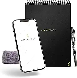 Bloco de Notas Rocketbook Flip – com 1 caneta Pilot Frixion e 1 pano de microfibra incluído – capa preta, tamanho executivo (15 x 22 cm)