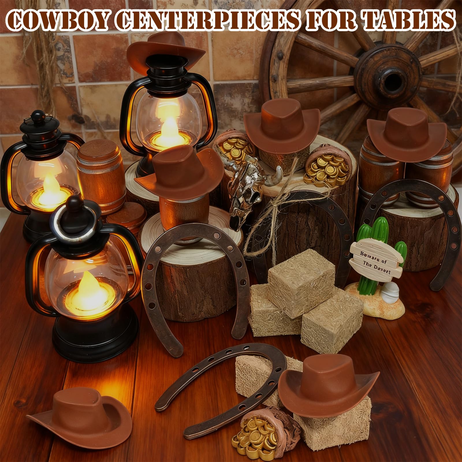 Exasinine Set di 60 decorazioni per feste a tema cowboy, mini cappello da cowboy, lanterna, ferro di cavallo, ruota di carro, balle di fieno, botti di vino, rustico, occidentale, decorazione per feste