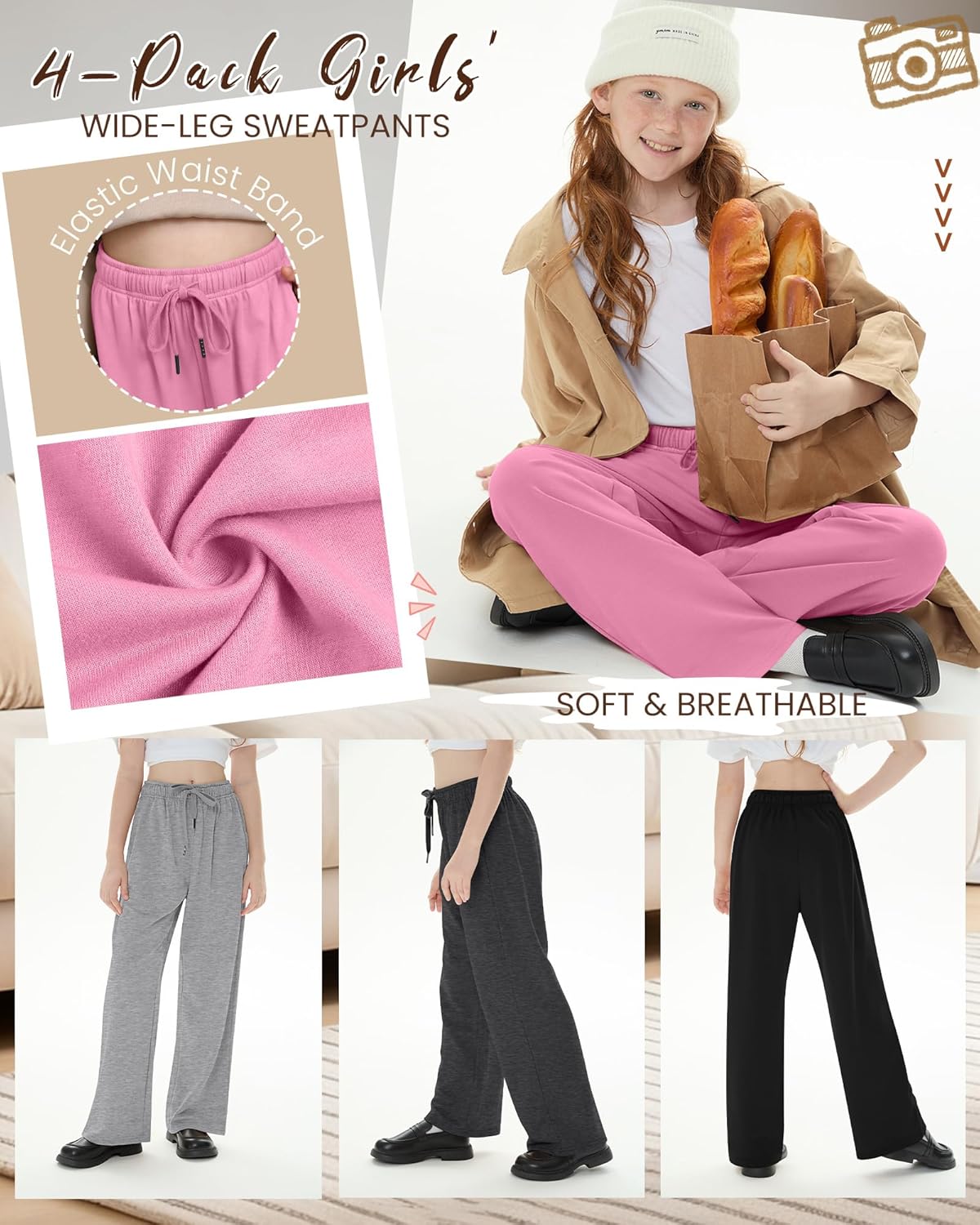 4 Pack Girls Sweatpants 5-14 Years Straight Elastic High Waist Baggy Pants Drawstring Wide Leg Pants Teen Pockets - Image 5