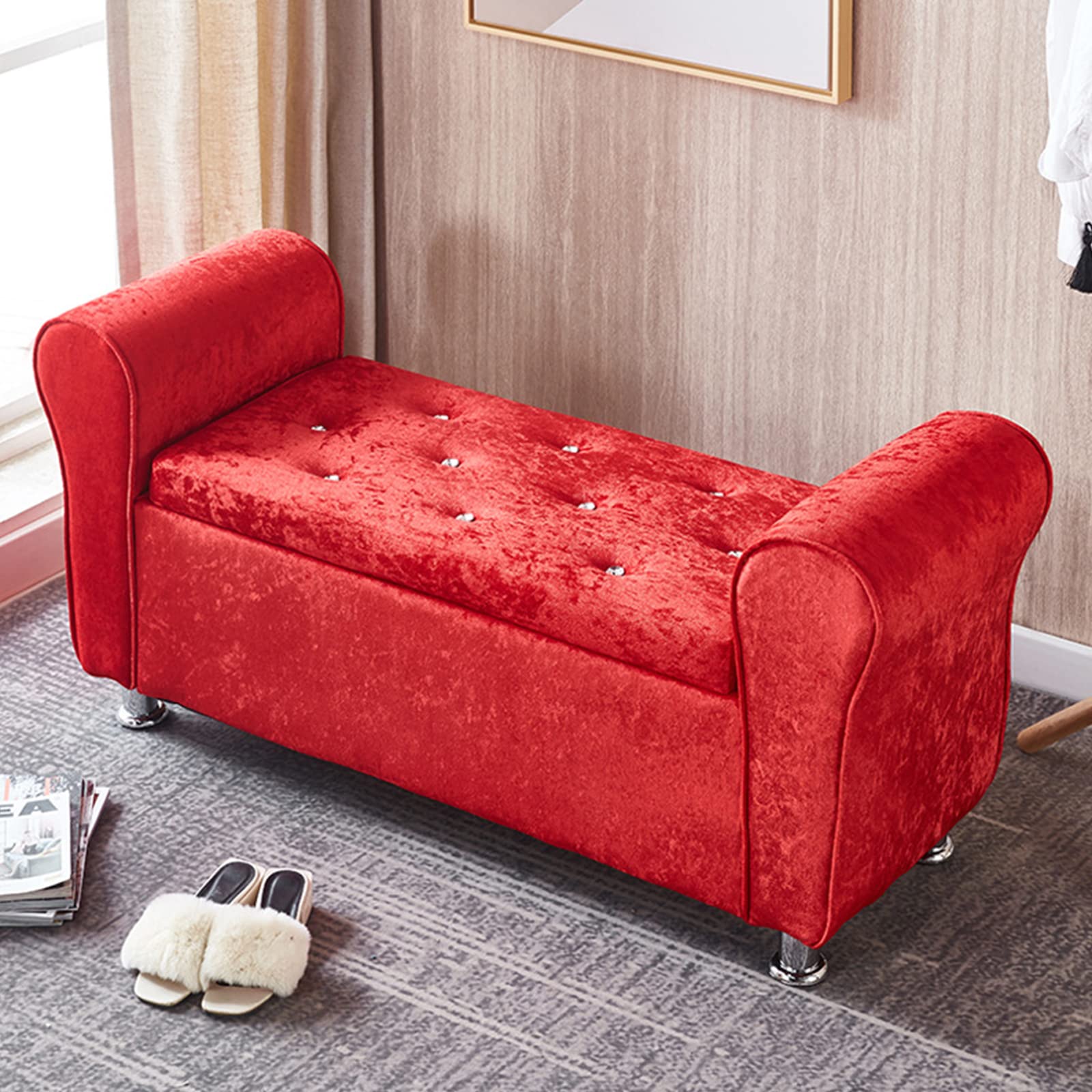 LMMIAOZ Velvet Button Tufted Storage Bench with Armrests Red 100x40x40cm Large Capacity Decorative Foot Rest Stool for Bedroom and Living Room
