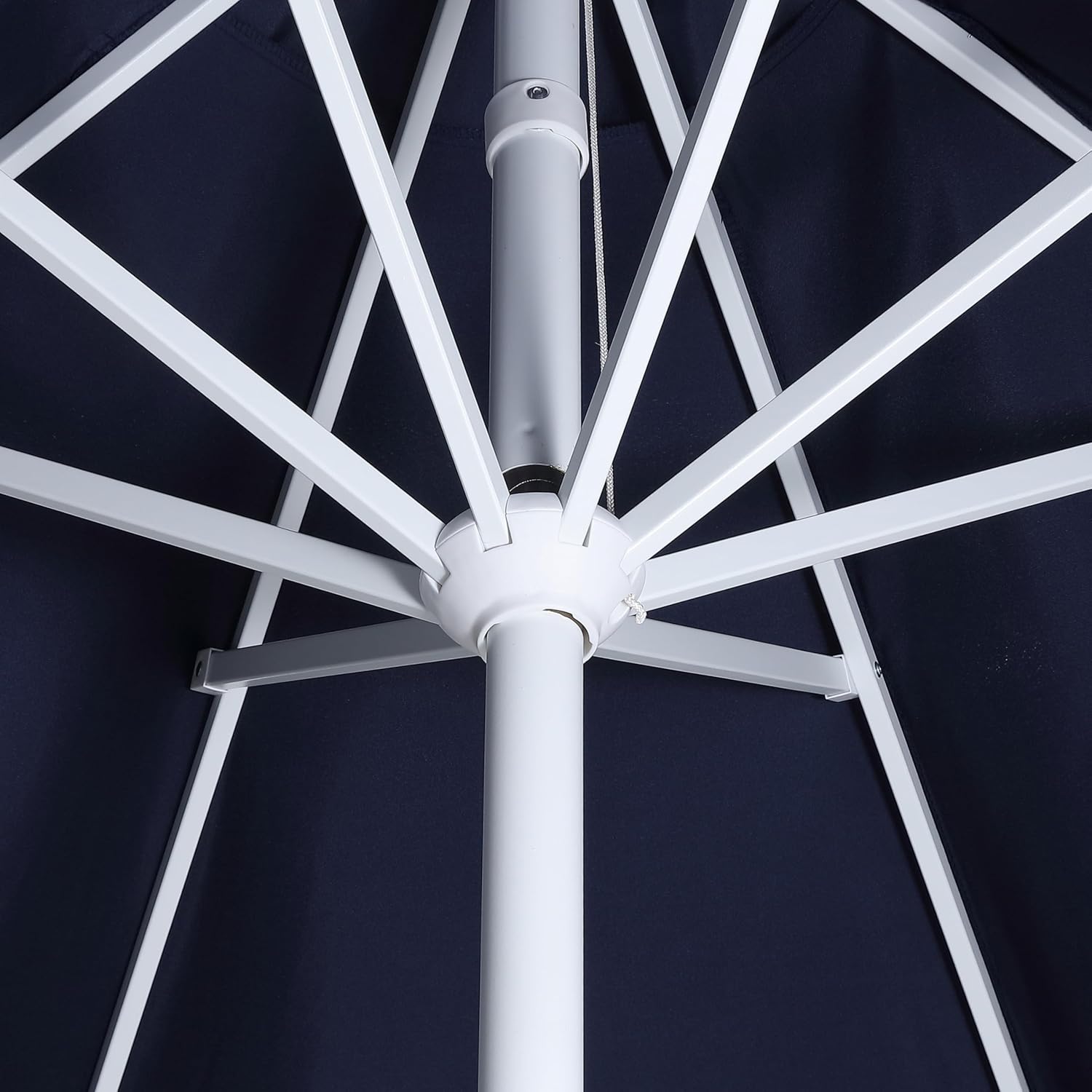 JONATHAN Y UMB1002G Tracy 9 ft. Classic MidCentury Scalloped Fringe Market Patio Umbrella with Auto-Tilt Crank, Wind Vent and UV Protection in Navy/White, White Pole - Image 9