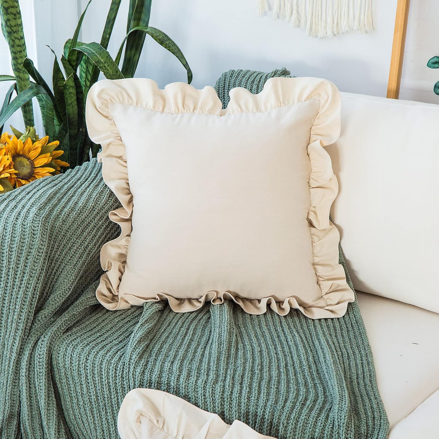 GLORY SEASON Throw Pillow Covers 2 Pack 100% Cotton Retro Ruffle Flounces Trim Solid Beige Square Decorative Pillow Cases for Farmhouse Cushion Case for Home Sofa Couch Decor 18x18 Inch