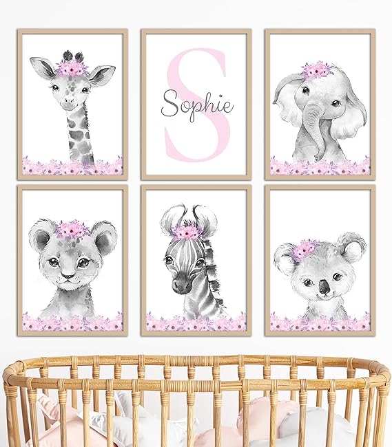 Safar Anmals Boys Nursery Bedroom Prnts Set Of 3, Personalsed Name