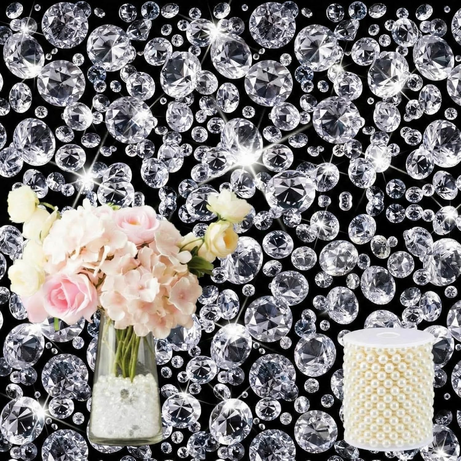 Suncalla 801 Pcs Crystal Rhinestone with Pearl Chain Trim Vase Fillers Multi Size Fake Diamond Acrylic Gems Crystal for Table Decoration Jewelry Clothe DIY Crafts Wedding Party Decor