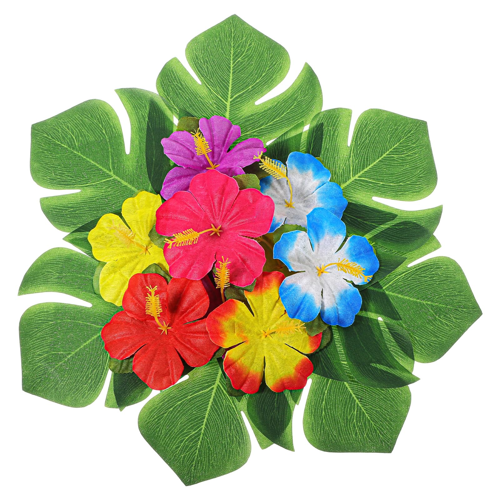 HekouJiub 60Pcs Tropical Party Decorations, Artificial Hibiscus Flowers Tropical Palm Leaves for Hawaiian Themed Party Table Decor