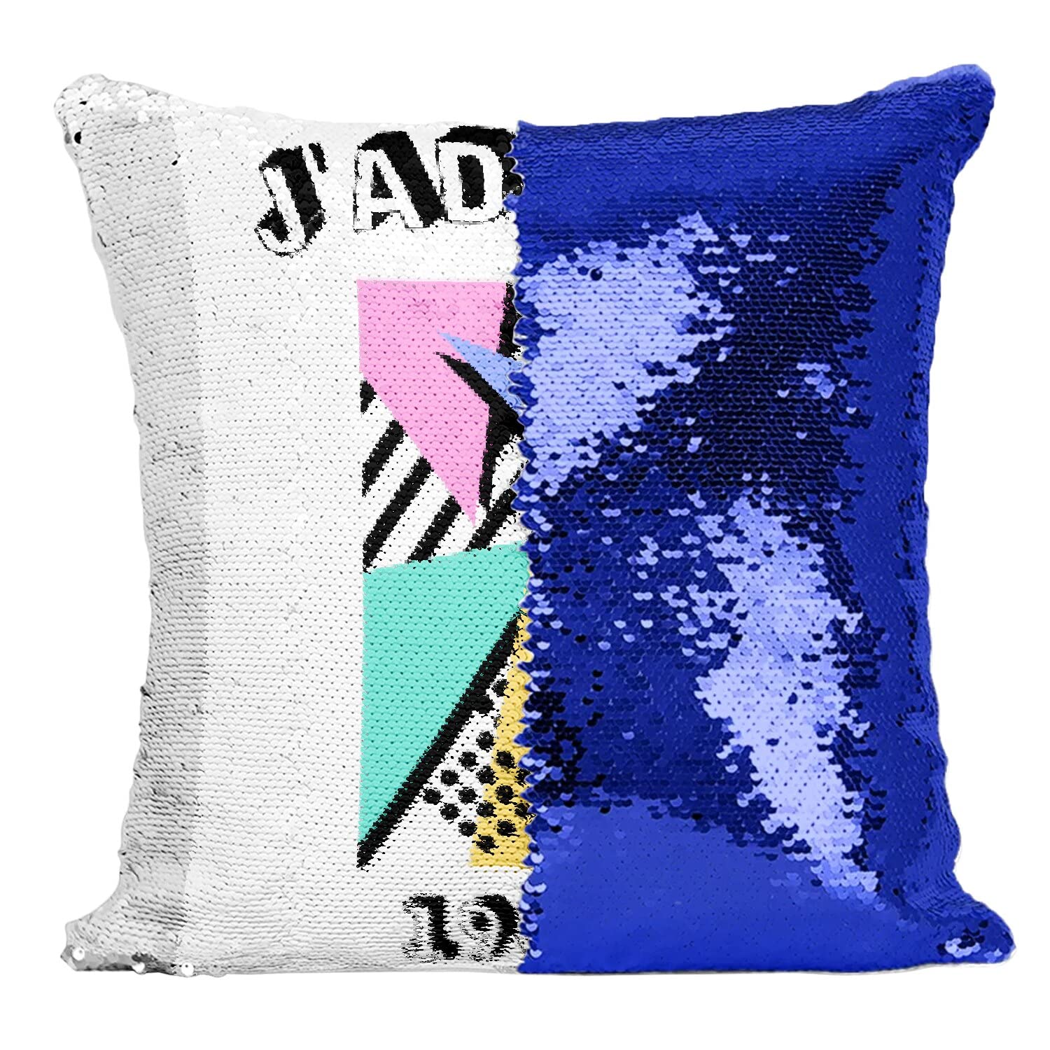 Coussin Sequin Bleu J'adore 1980 Vintage pour déco salon rétro