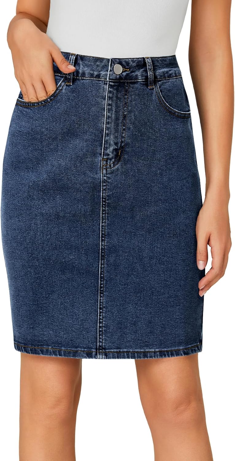 LYANER Women's Casual Stretch High Waist Bodycon Denim Jean Midi Skirt with Pockets - Image 2