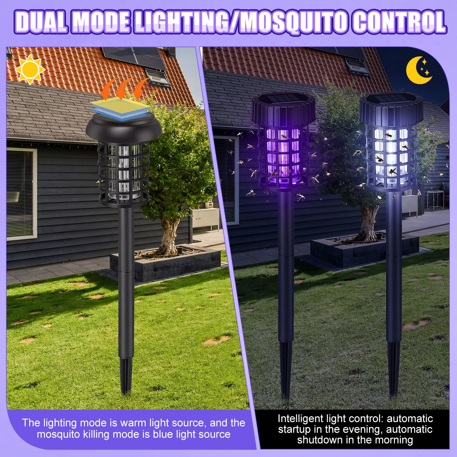 Qualirey Confezione da 4 lampade a energia solare per esterni, impermeabili, repellenti per zanzare, con luce LED, per esterni, giardino, patio, cortile (luce bianca e viola, nero)