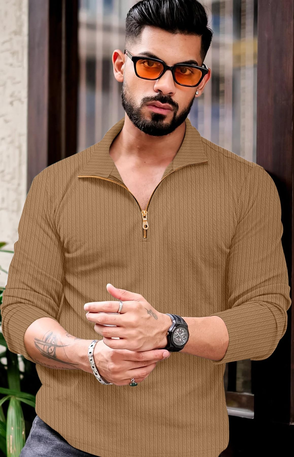 KAJARU Men's Quarter Zip Pullover T-Shirt, Cable Knit Pattern, Full Sleeve (in, Alpha, 2XL, CHIKU) - Image 2 thumbnail