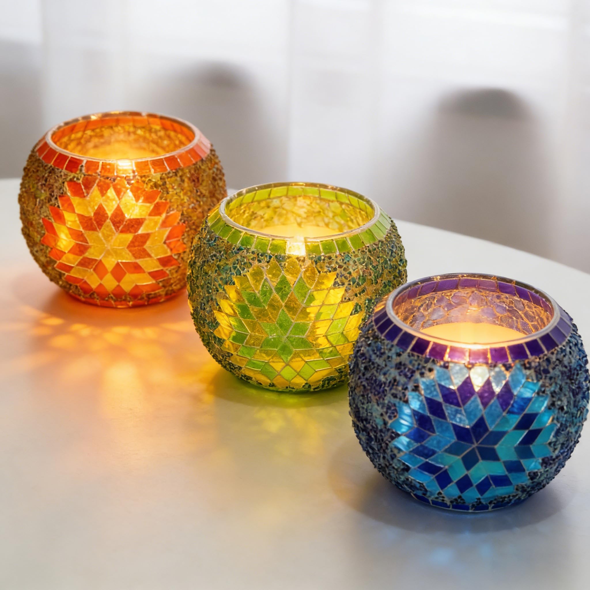 Vintage Mosaikglas Romantischer Windlicht-Kerzenhalter für Teelichter Elegante Tischdekoration für Zuhause (OHNE Kerzen) Perfekt für Hochzeiten Partys Weihnachten Kirche