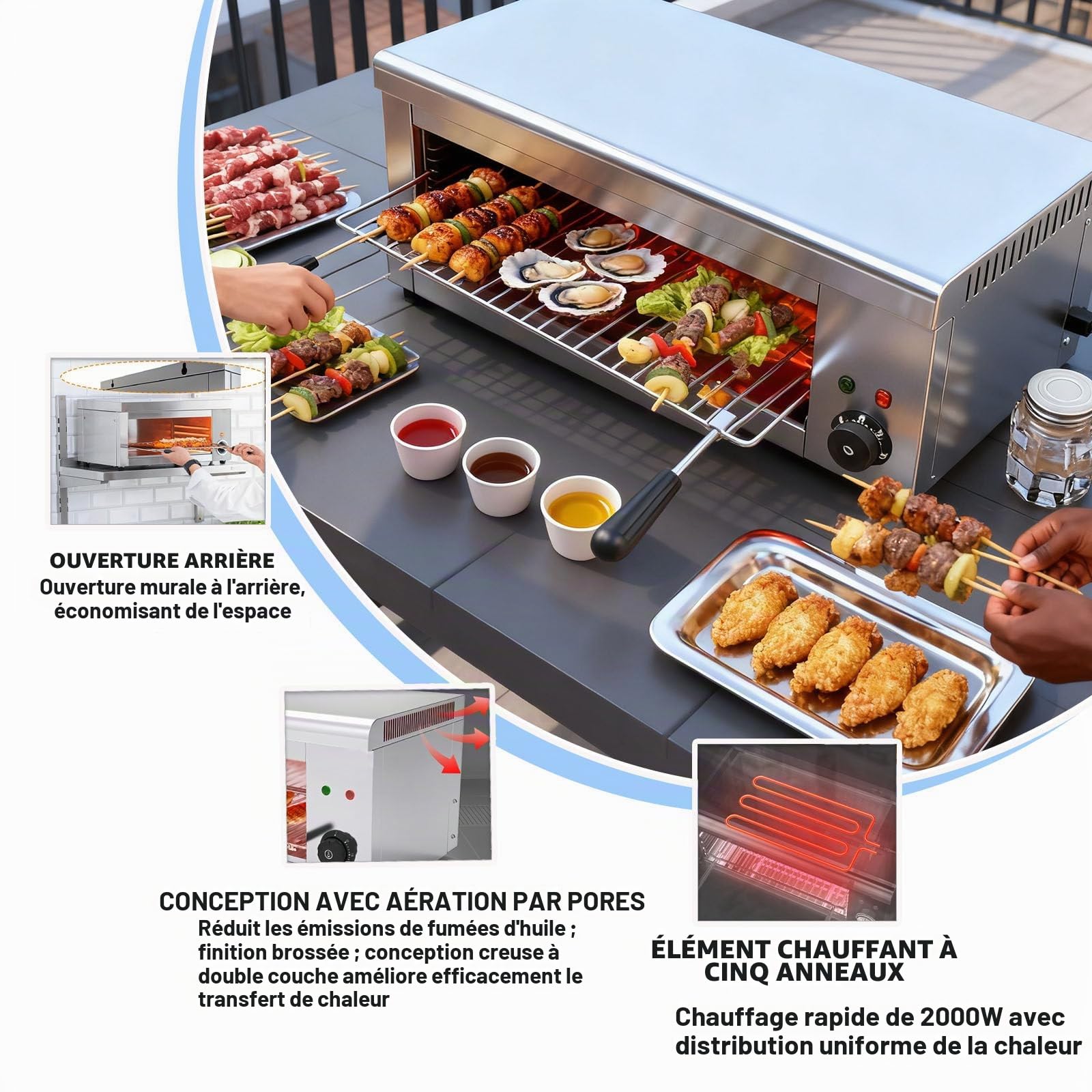 Four Salamandre Électrique Professionnel avec Thermostat, Puissance De 2000 W, Grille Réglable pour Une Cuisson Parfaite, pour Les Pizzas, Les Poulets Rôtis Et Les Steaks