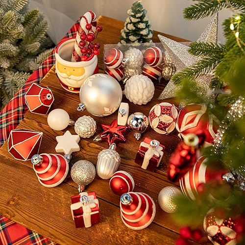 Miniatura 12 de Juego de 75 adornos navideños rojos y verdes - Kit de bolas inastillables para decoración de árbol de Navidad con estrella para coronar el árbol,