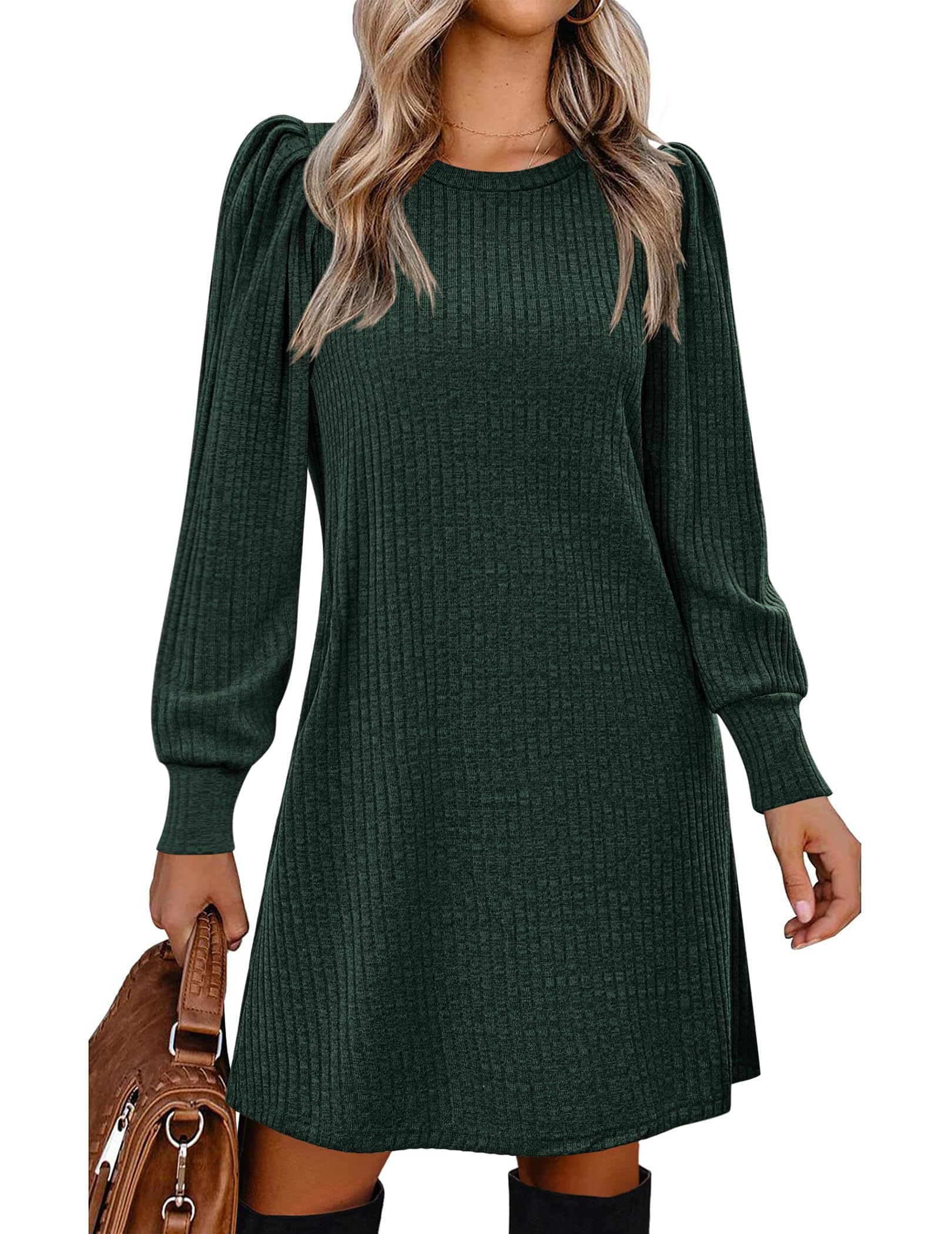 Zeagoo Damen Strickkleid Puffkleid Langarm Kleid für Herbst Winter Rundhals Casual Tunika