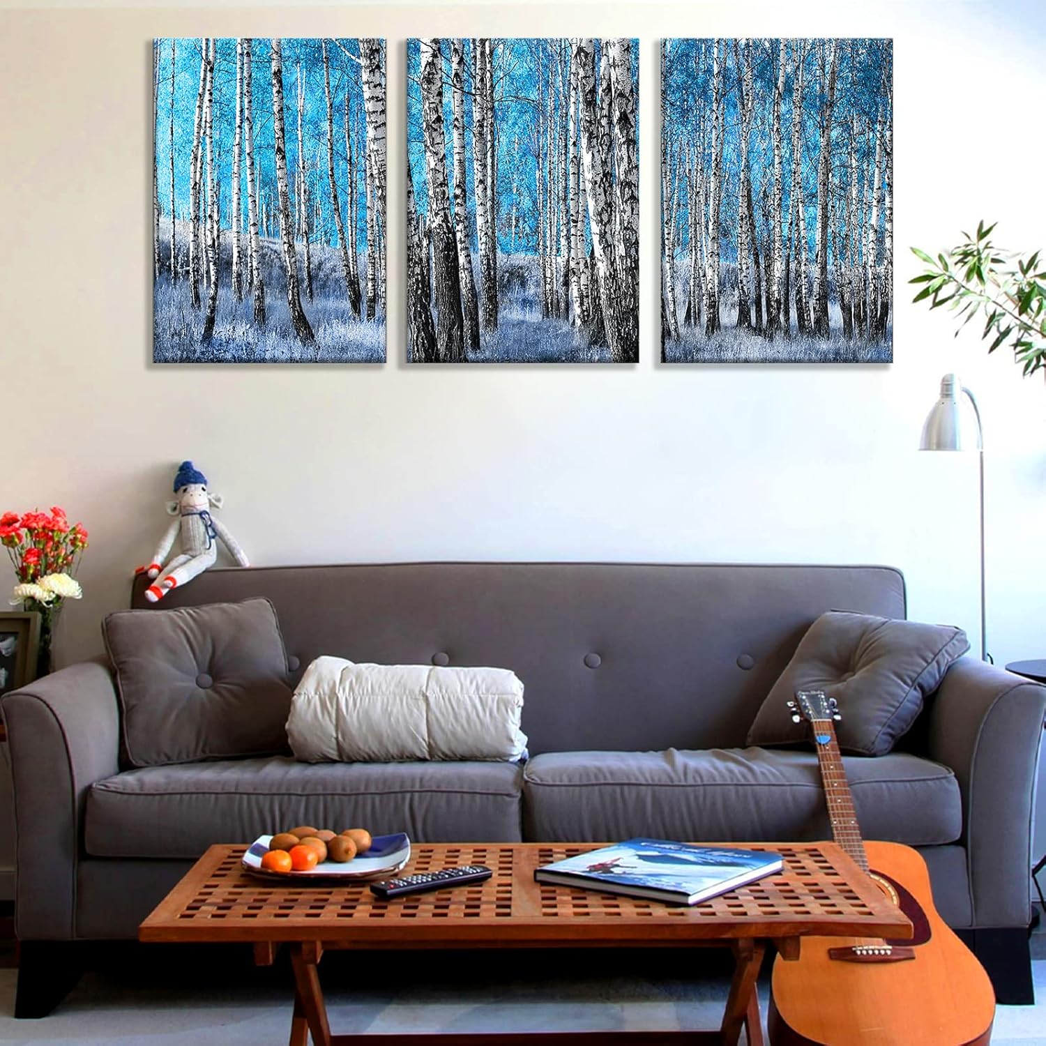 3 Piece Canvas Wall Art for Living Room, White Birch Trees in Blue Forest Painting Artwork Picture for Bedroom Office Home Wall Decorations blue 16"x28"x3Pcs
