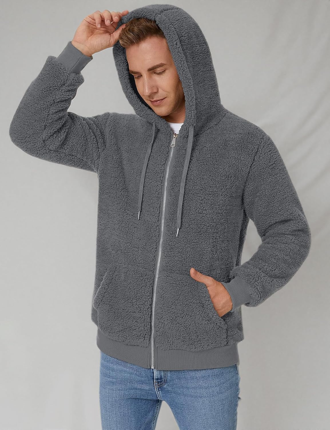 iWoo Men's Fuzzy Sherpa Hoodie Sweatshirt Long Sleeve Full Zip Soft Fleece Jackets Winter Hooded Outwear