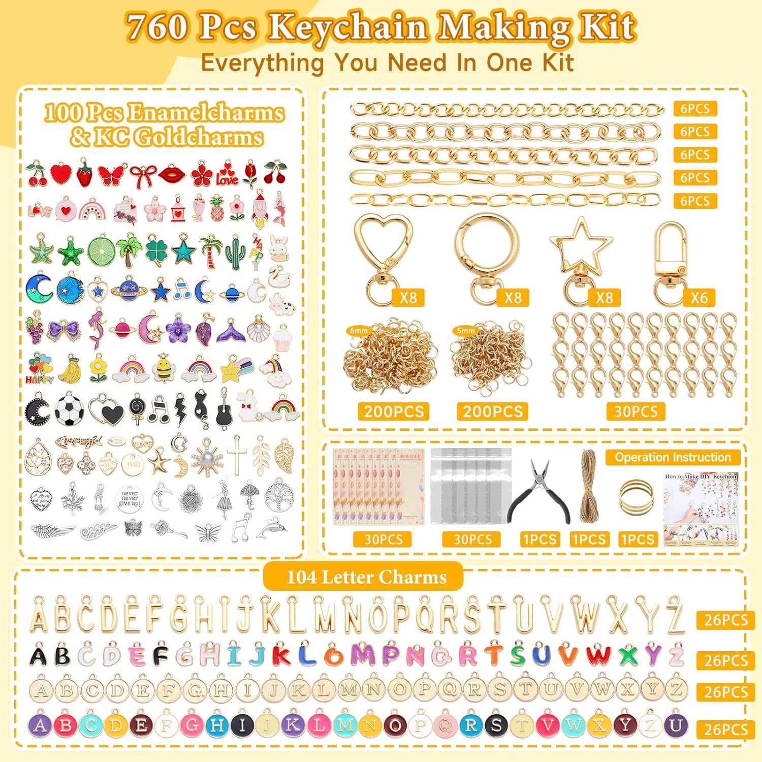 Riwiuue 760Pcs Lip Gloss Keychain Making Kit - DIY Key Chain Supplies Includes Charms, Pendants, Jump Rings, Lobster Clasps, Pliers, Tools & Gift Card, for Bag Charms Kit, Easter Basket Stuffers Gift